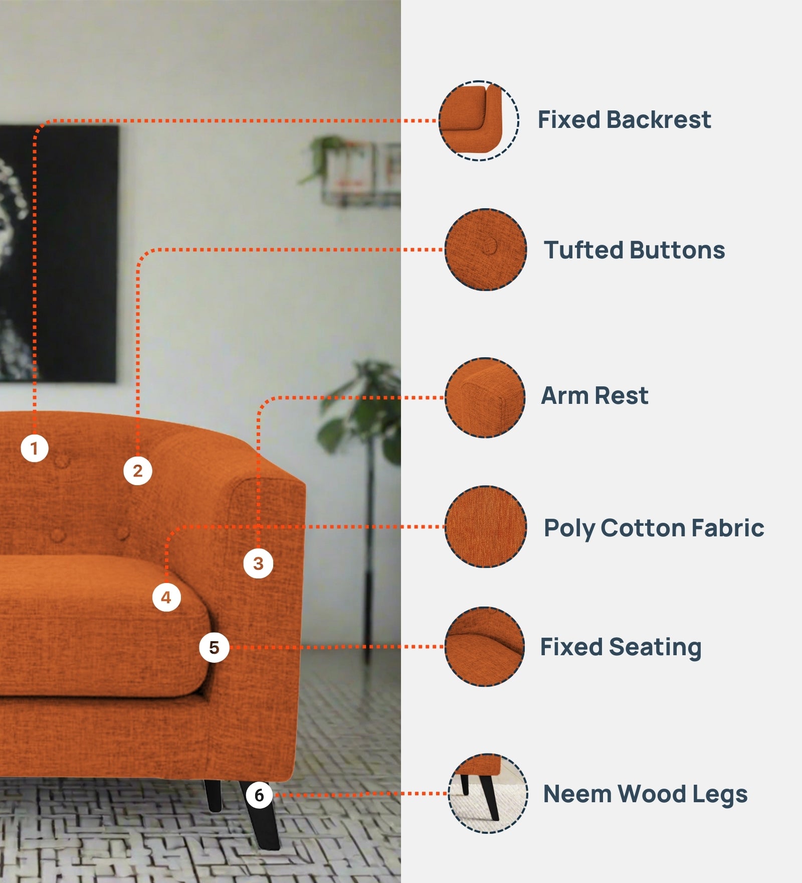 Casper Fabric 1 Seater Sofa In Vivid Orange Colour - Febonic Living