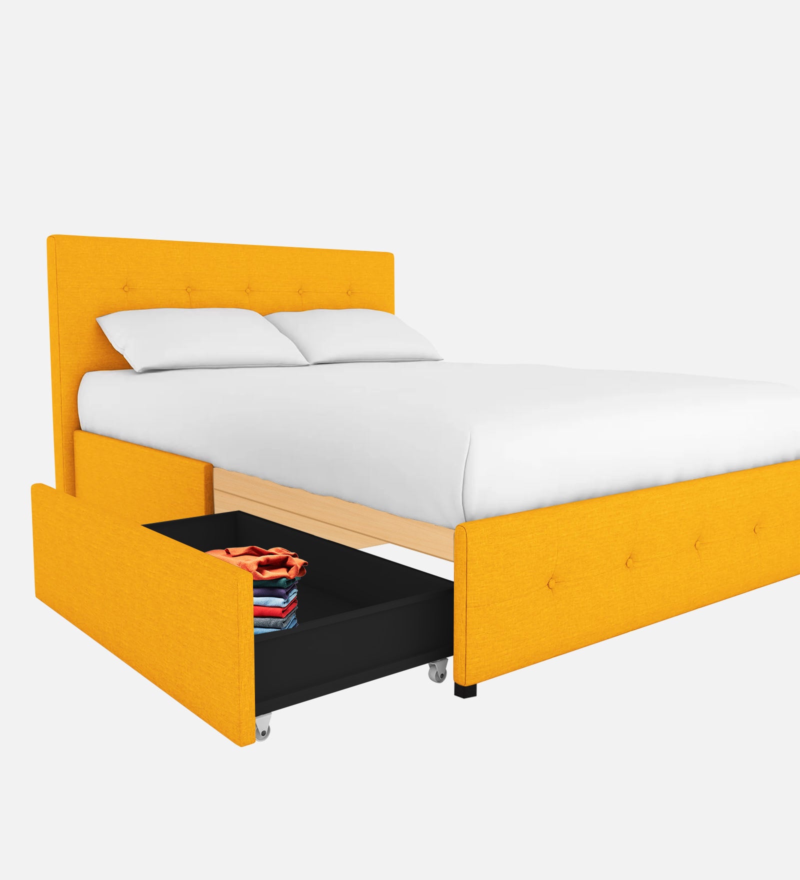 Lido Fabric Queen Size Bed In Bold Yellow Colour With Drawer Storage - Febonic Living