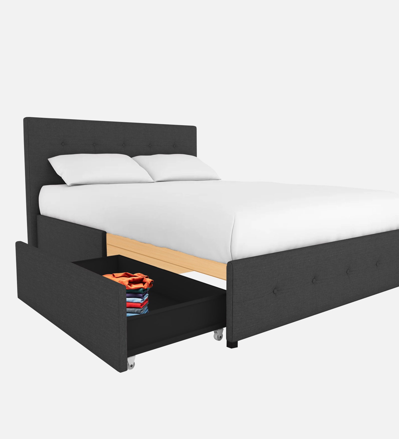 Lido Fabric King Size Bed In Charcoal Grey Colour With Drawer Storage - Febonic Living