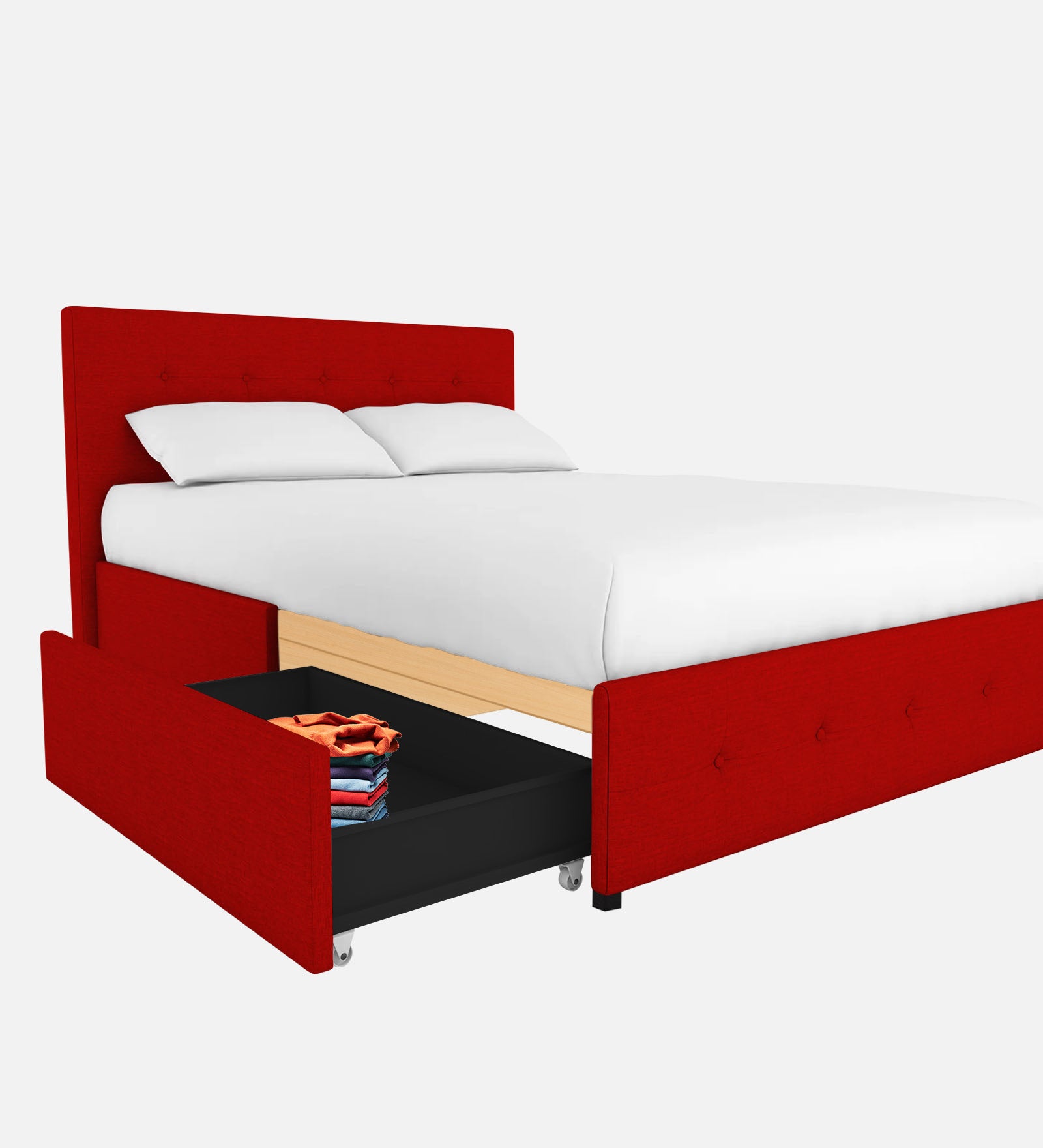 Lido Fabric Queen Size Bed In Ruby Red Colour With Drawer Storage - Febonic Living
