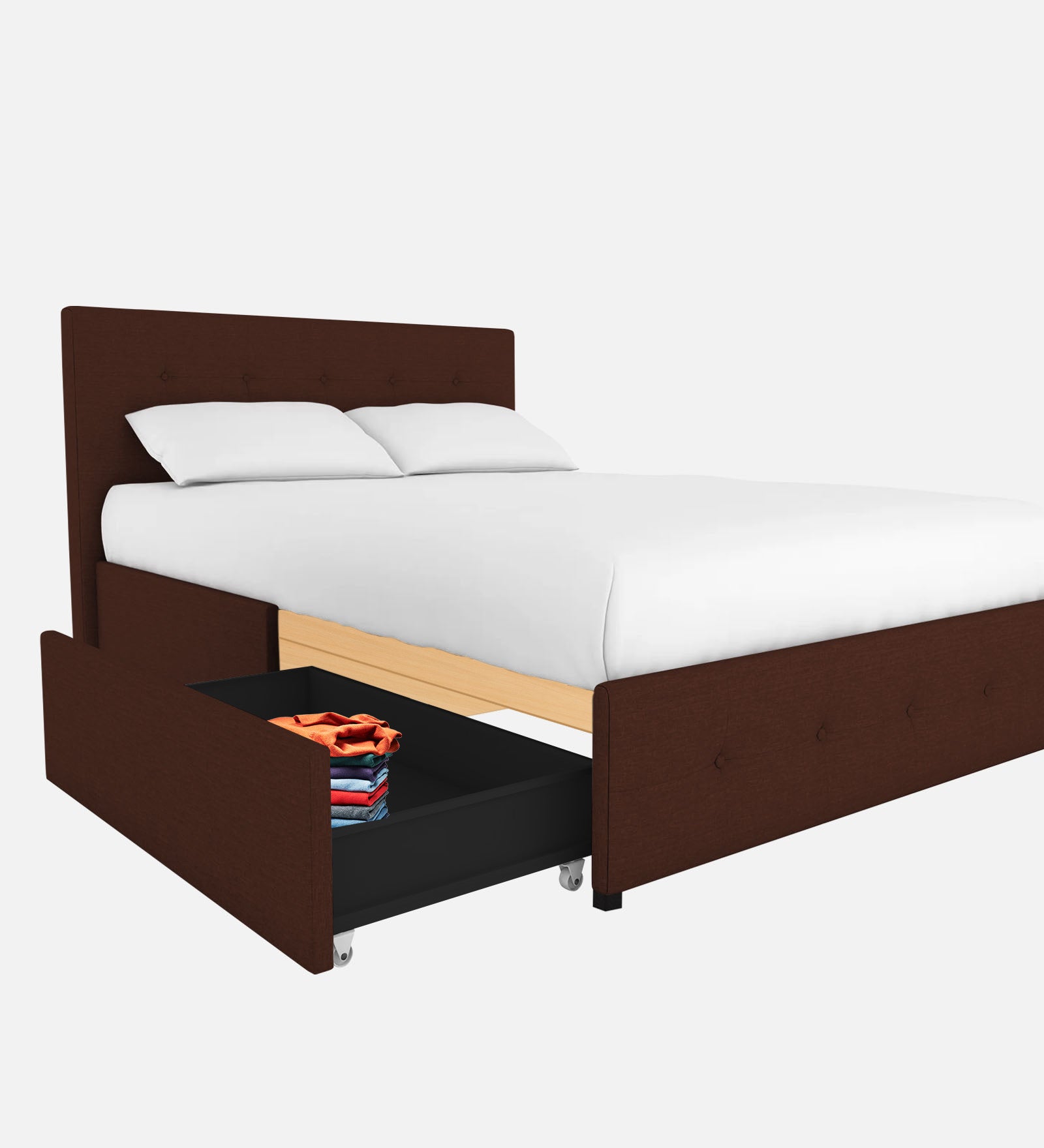 Lido Fabric Queen Size Bed In Coffee Brown Colour With Drawer Storage - Febonic Living
