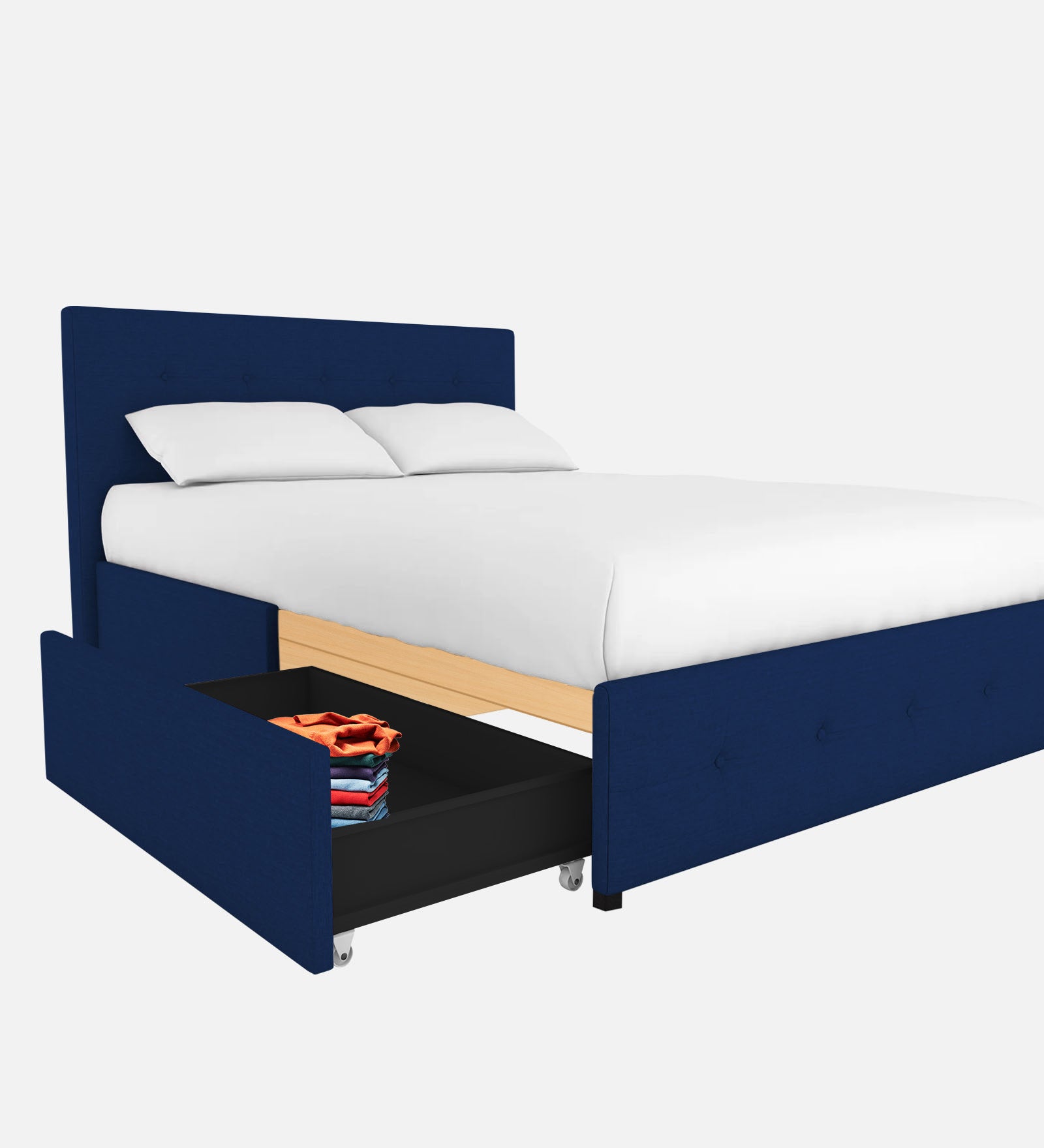 Lido Fabric Queen Size Bed In Royal Blue Colour With Drawer Storage - Febonic Living