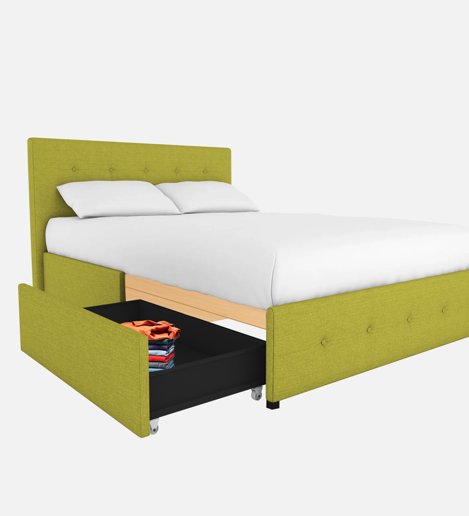 Lido Fabric Queen Size Bed In Parrot Green Colour With Drawer Storage - Febonic Living
