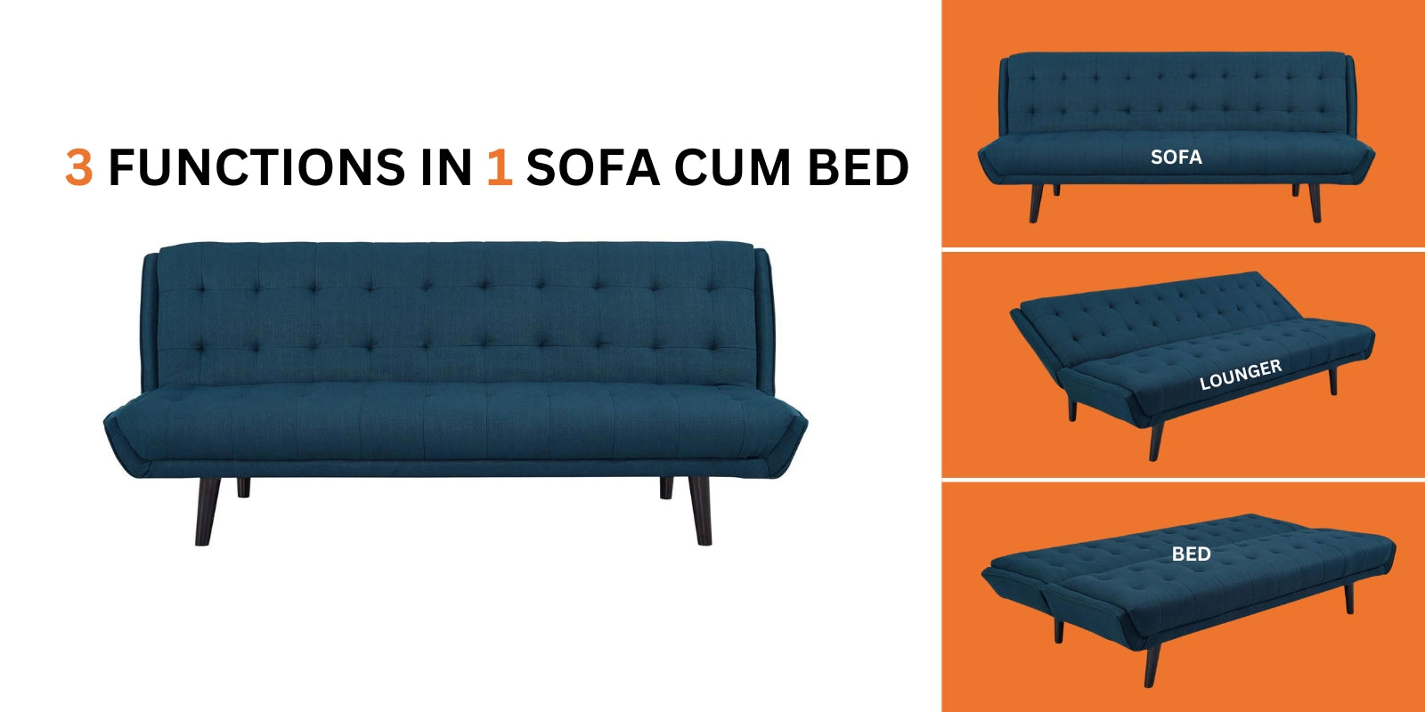 Saso Fabric 3 Seater Convertible Sofa Cum Bed In Charcoal Grey - Febonic Living
