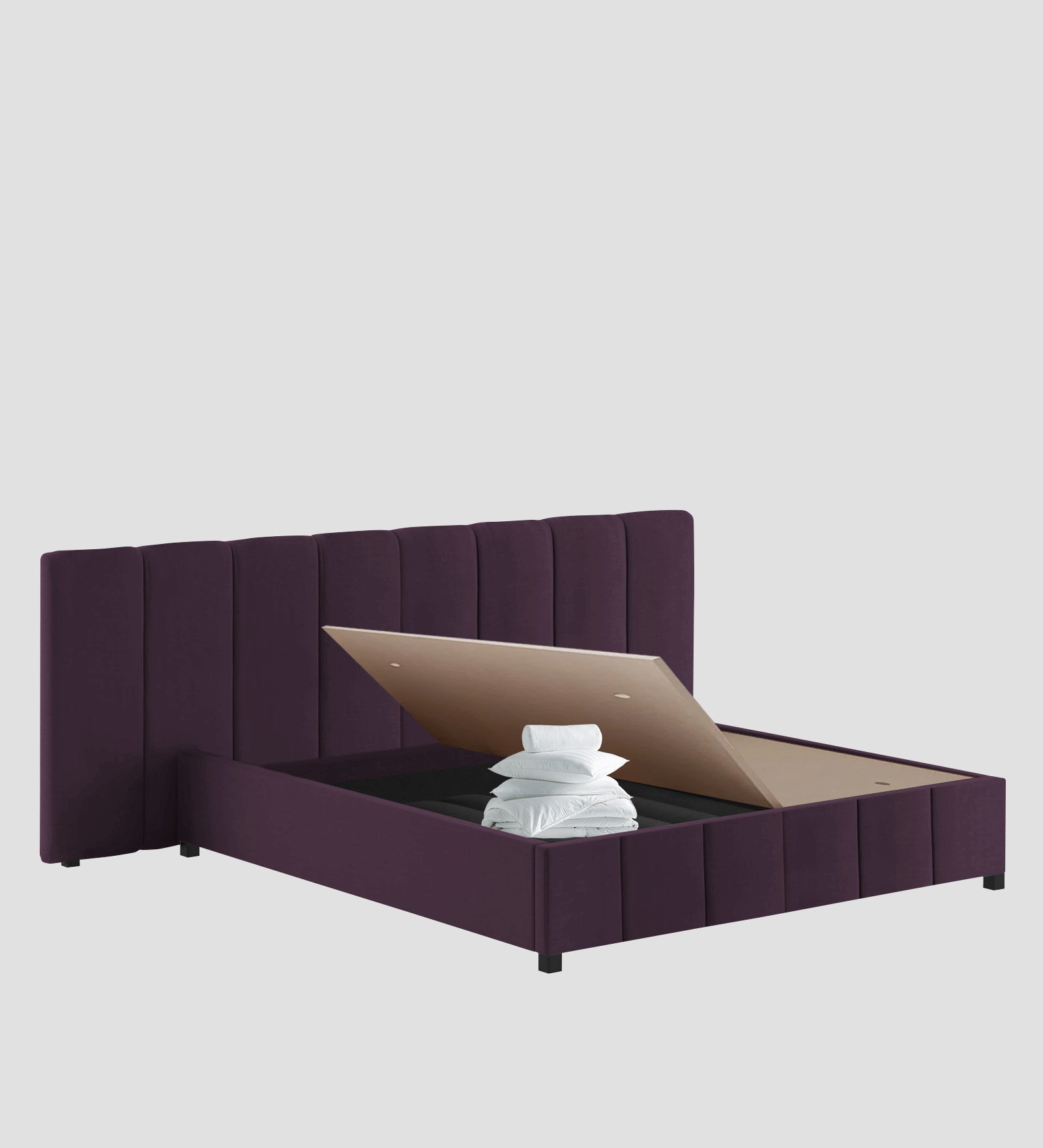 Nora Fabric Queen Size Bed In Greek Purple Colour With Box Storage - Febonic Living