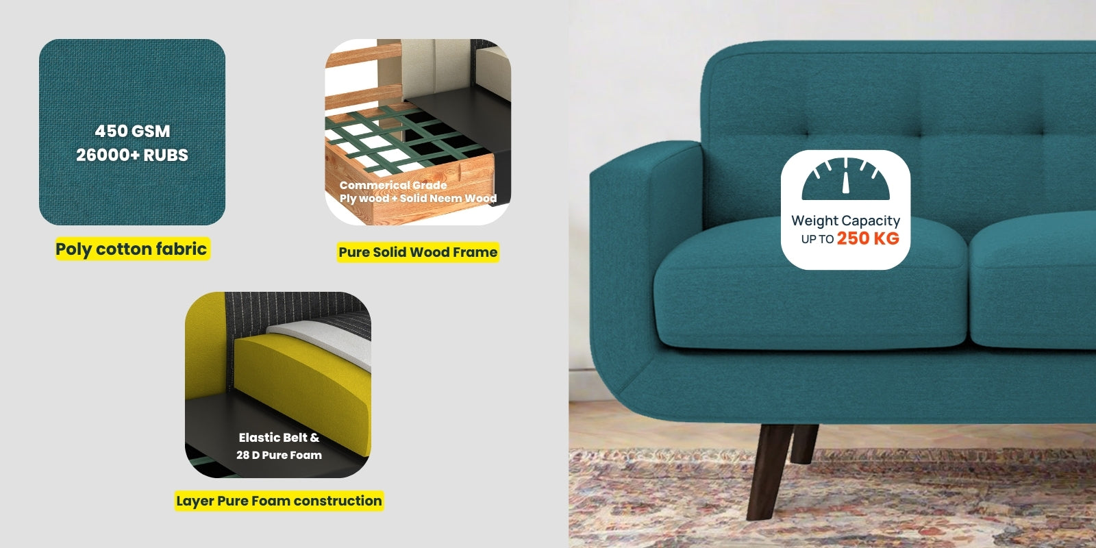 Marsela Fabric 2 Seater Sofa In Corn Yellow Colour - Febonic Living