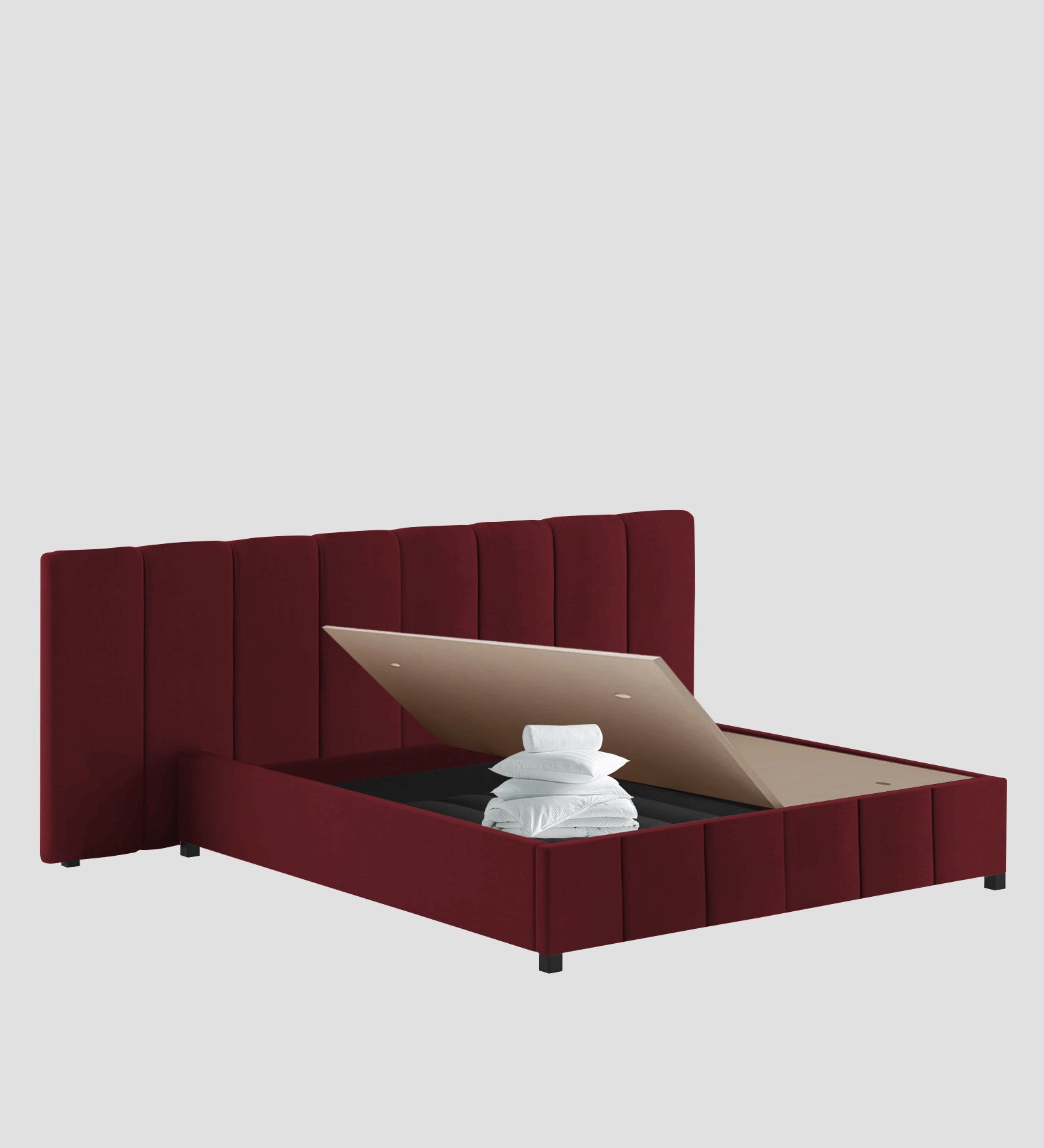 Nora Fabric Upholstered King Size Bed In Blood Maroon Colour With Box Storage - Febonic Living