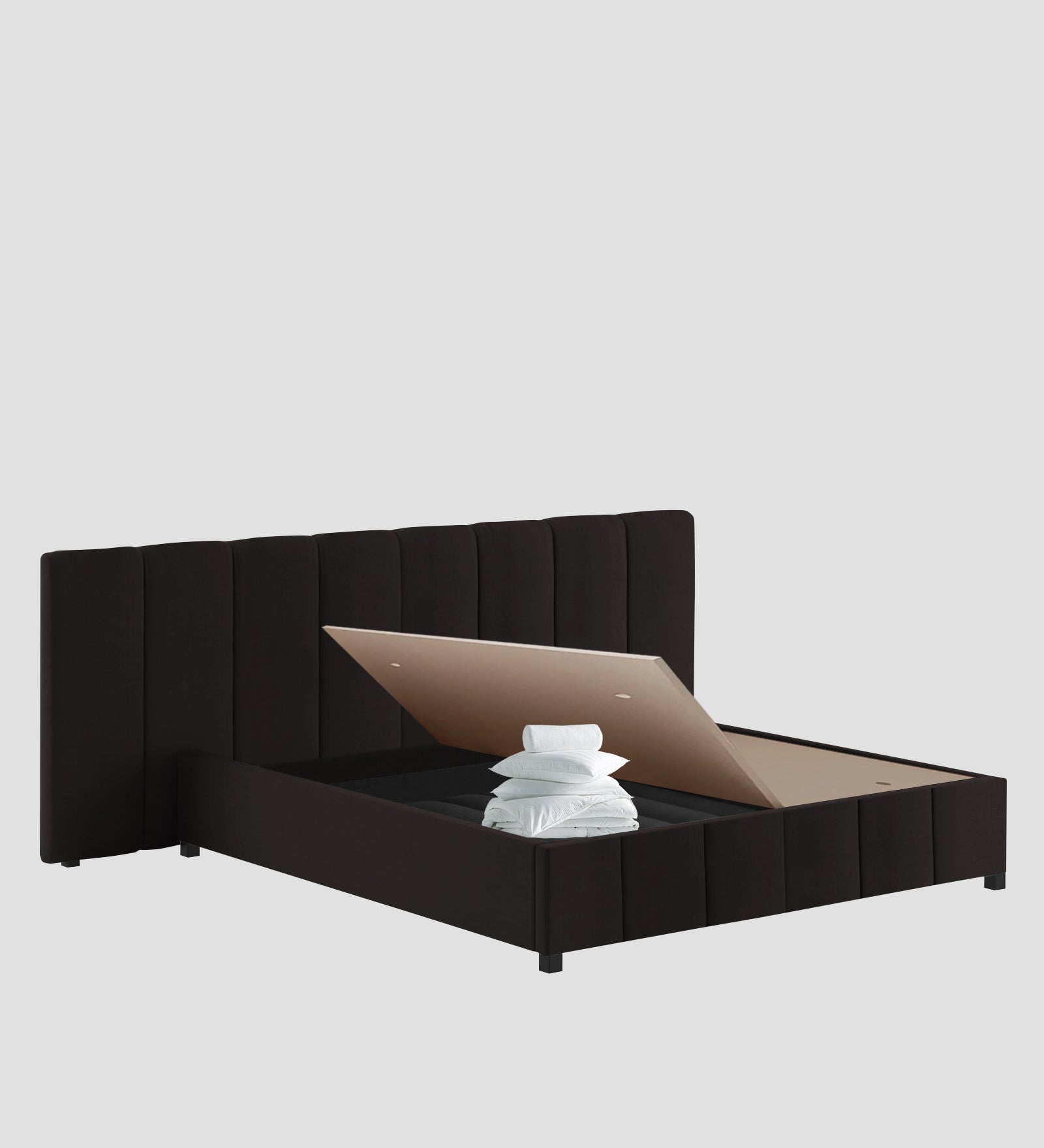 Nora Fabric Queen Size Bed In Cara Brown Colour With Box Storage - Febonic Living
