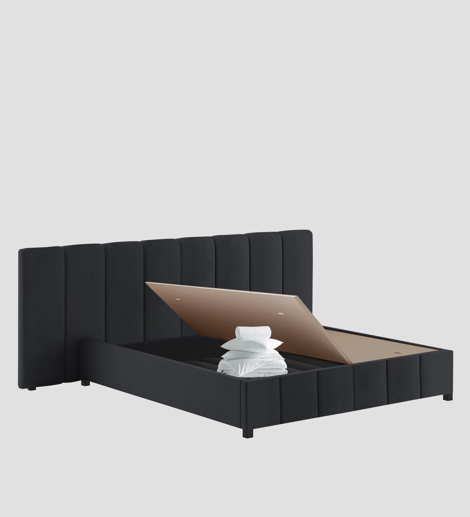 Nora Fabric Queen Size Bed In Charcoal Grey Colour With Box Storage