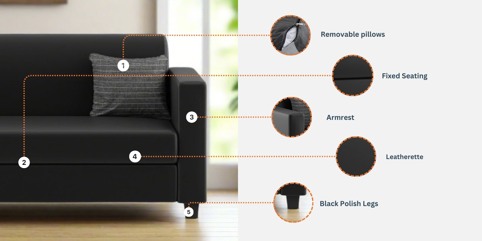Baley Leatherette 3 Seater Sofa In Dark Black Colour - Febonic Living