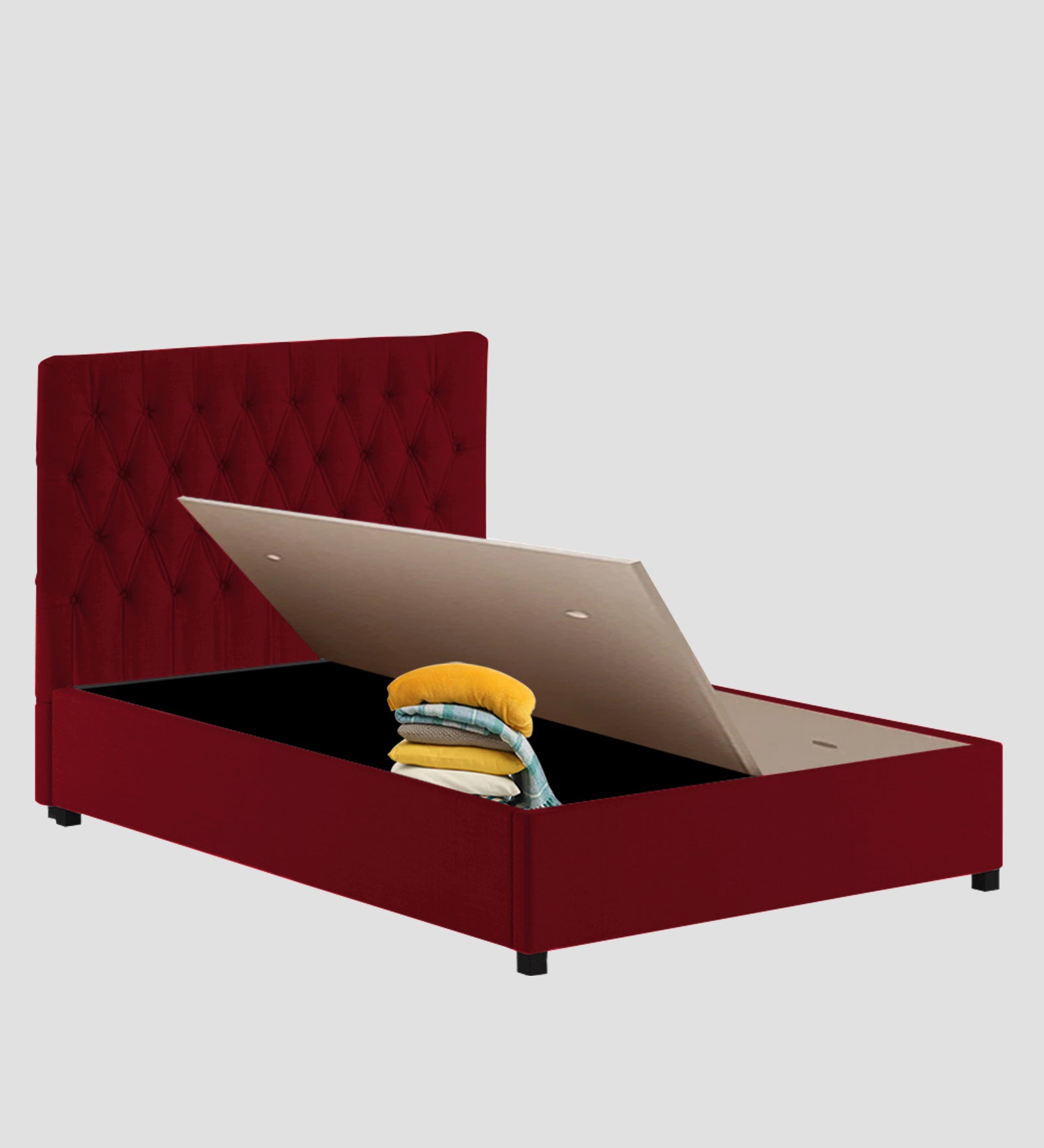 Isko Fabric King Size Bed In Ruby Red Colour With Storage Box - Febonic Living