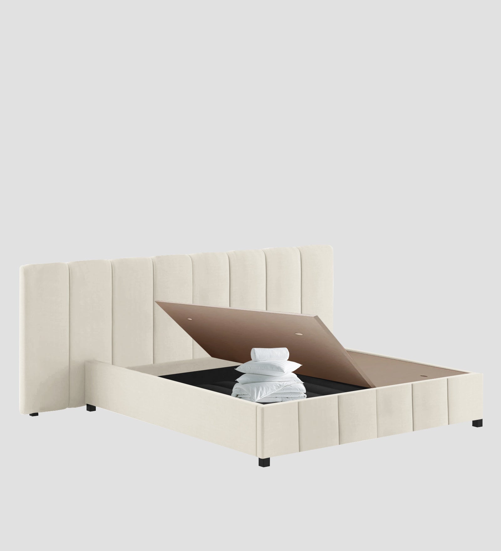 Nora Fabric Queen Size Bed In Ivory Cream Colour With Box Storage - Febonic Living