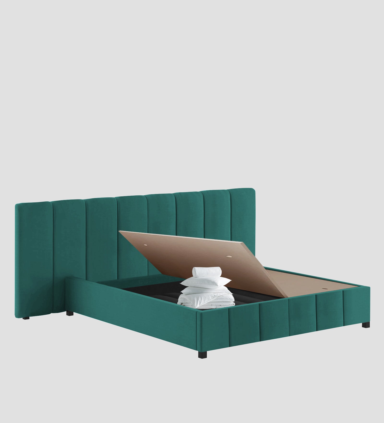 Nora Fabric Queen Size Bed In Sea Green Colour With Box Storage