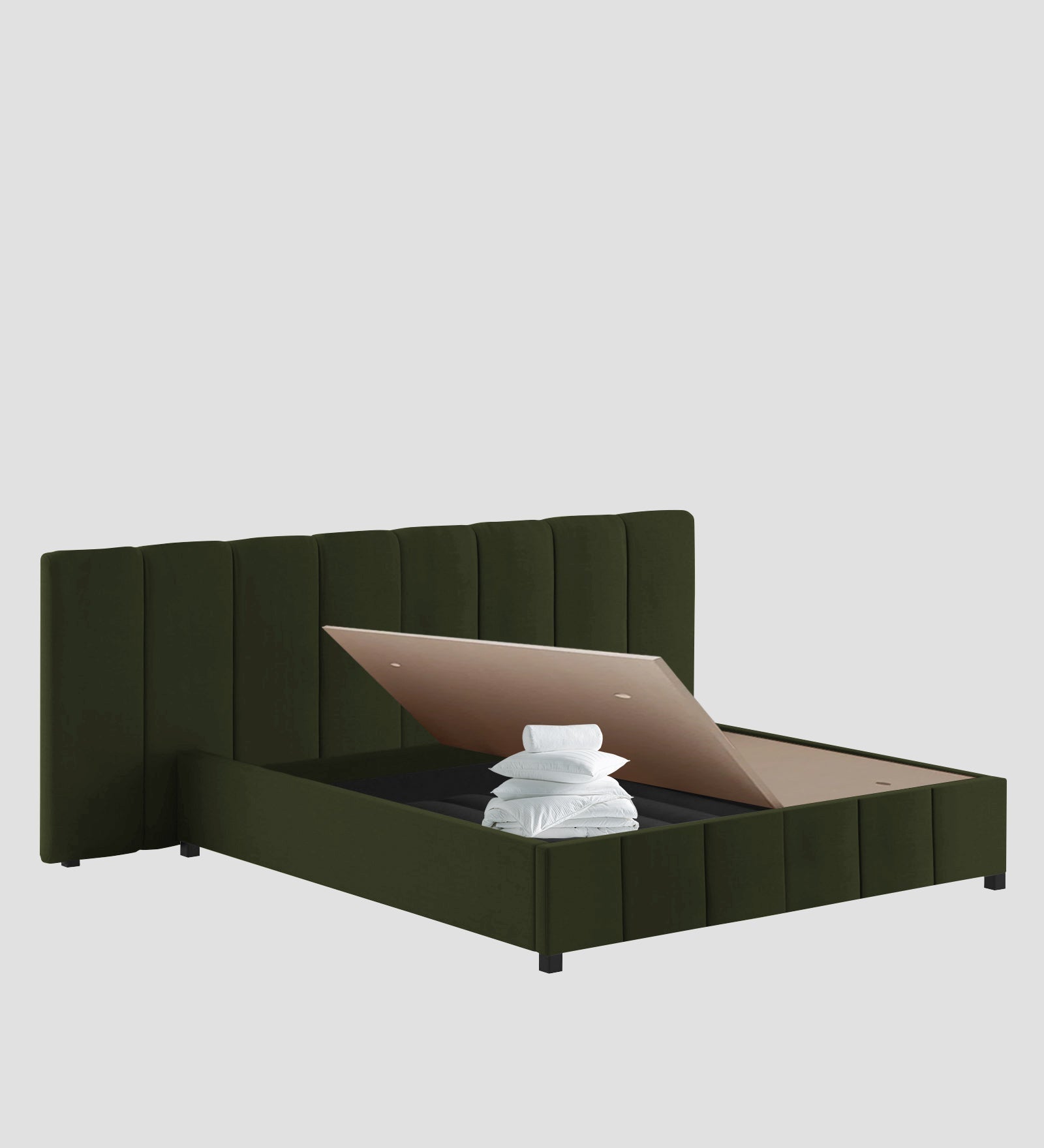 Nora Fabric Queen Size Bed In Olive Green Colour With Box Storage - Febonic Living