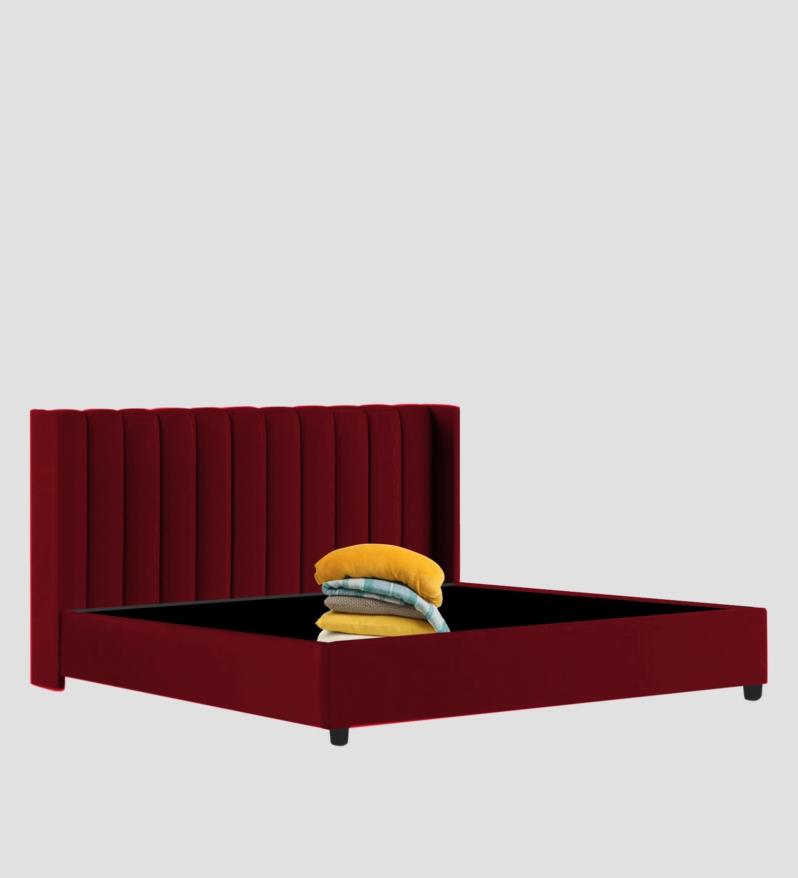 Colina Fabric Queen Size Bed In Ruby Red Colour With Box Storage - Febonic Living