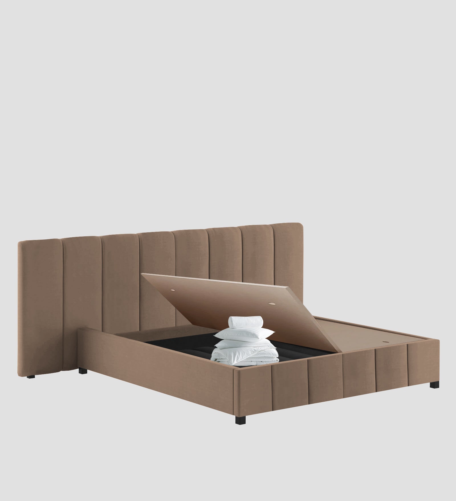 Nora Fabric Queen Size Bed In Cookie Beige Colour With Box Storage