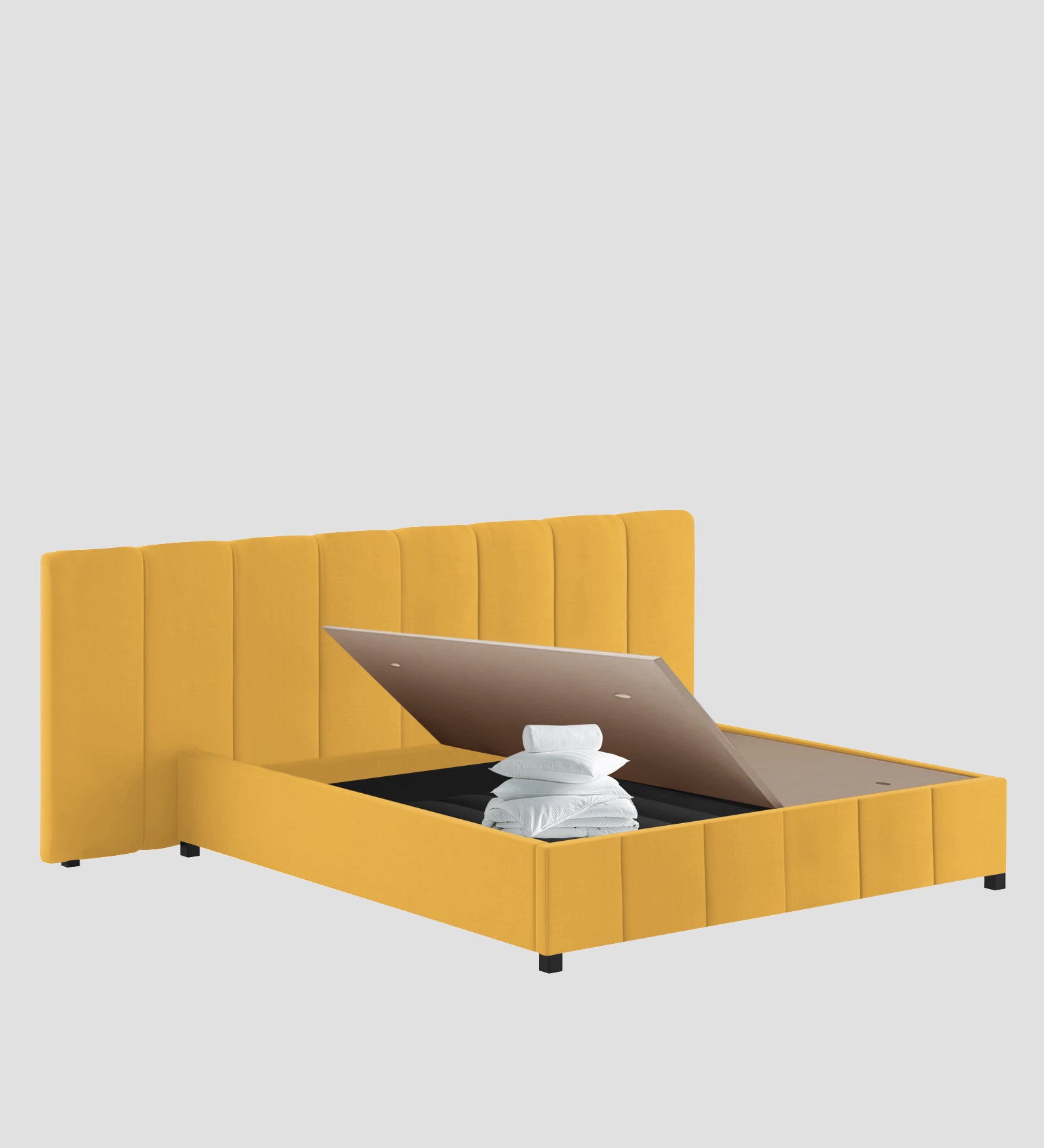 Nora Fabric Queen Size Bed In Bold Yellow Colour With Box Storage - Febonic Living
