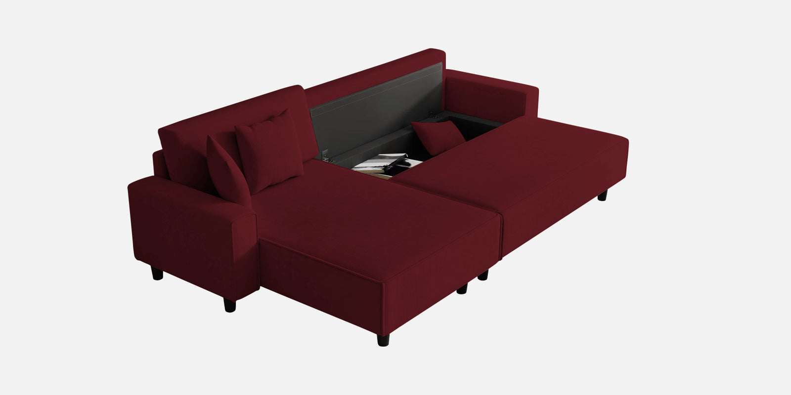 Peach Fabric RHS 6 Seater Sofa Cum Bed With Storage In Blood Maroon Colour - Febonic Living