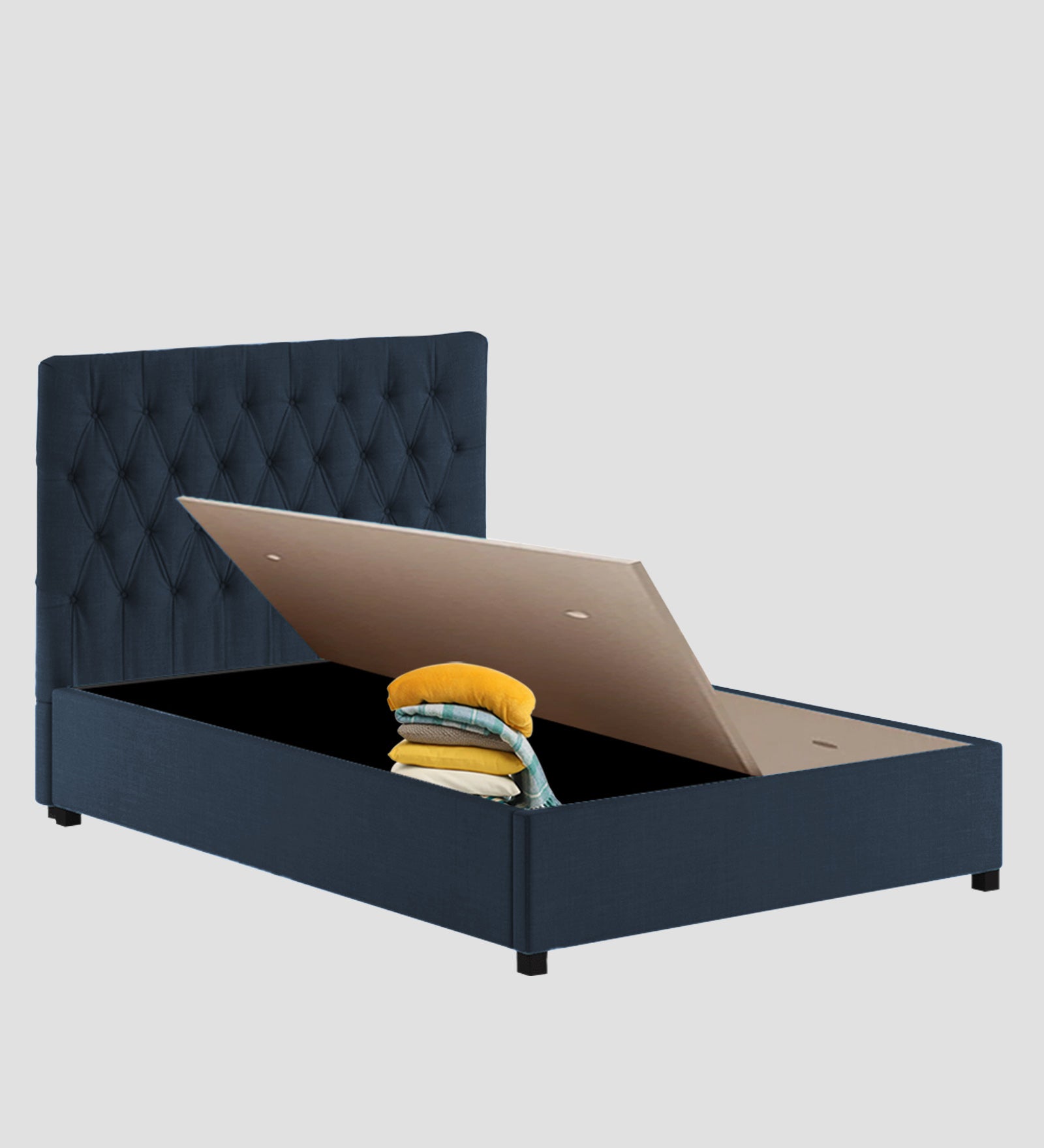 Isko Fabric King Size Bed In Denim Blue Colour With Storage Box - Febonic Living