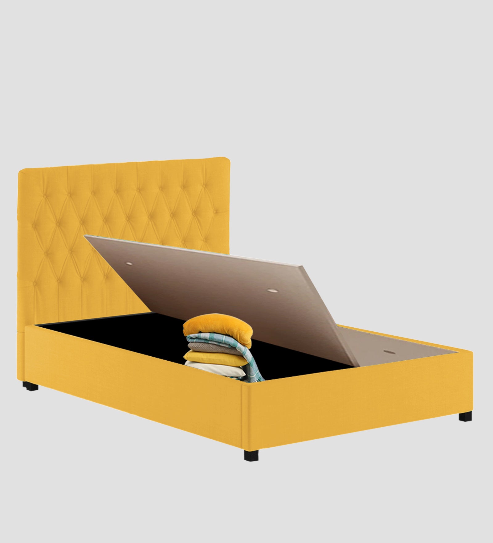 Isko Fabric King Size Bed In Bold Yellow Colour With Storage Box - Febonic Living