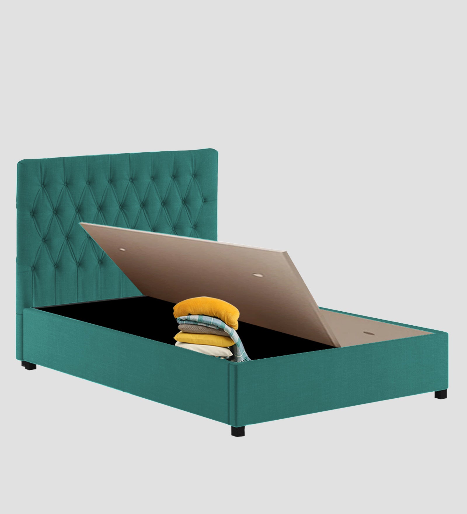 Isko Fabric King Size Bed In Sea Green Colour With Storage Box - Febonic Living