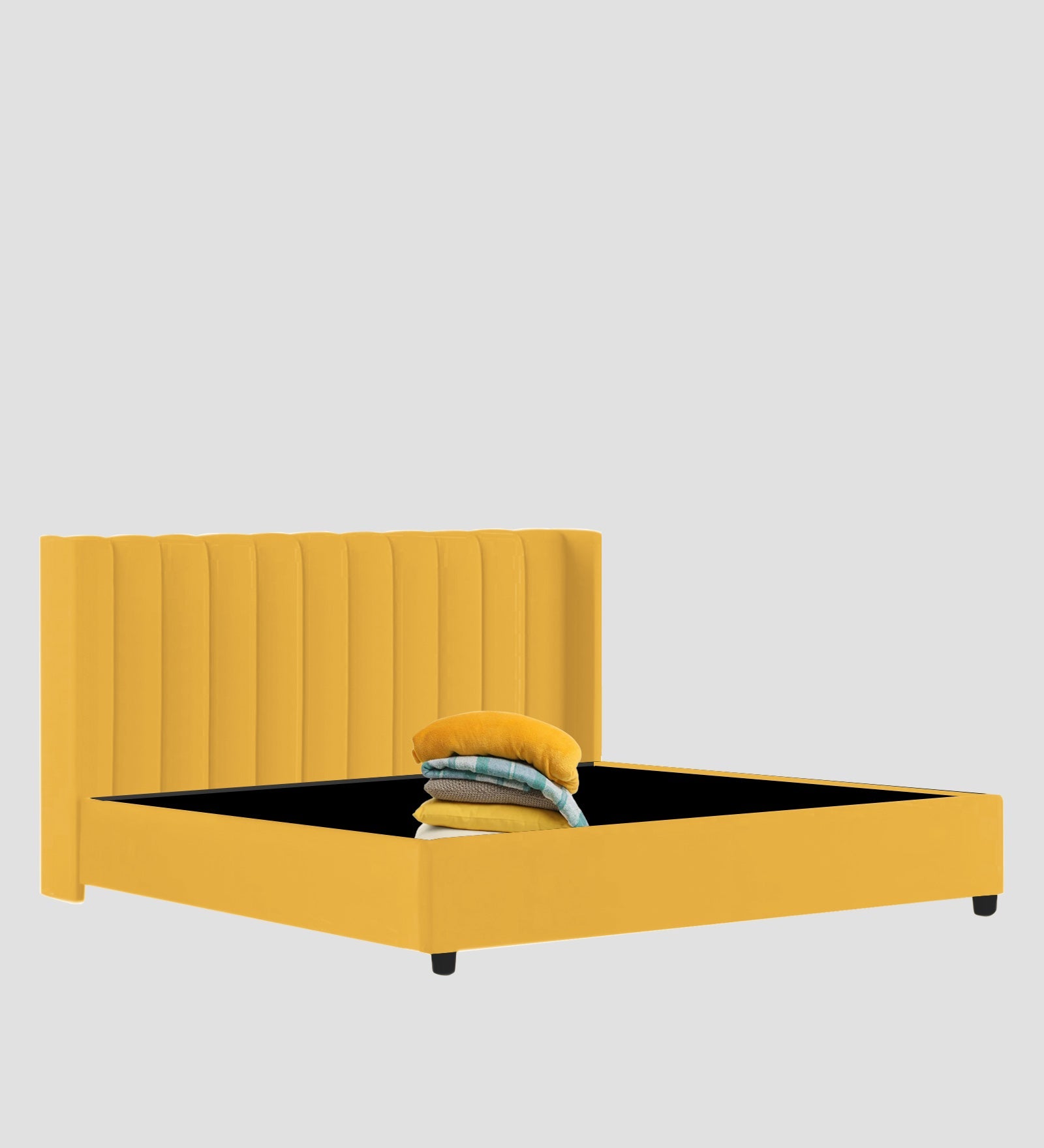 Colina Fabric Queen Size Bed In Bold Yellow Colour With Box Storage - Febonic Living