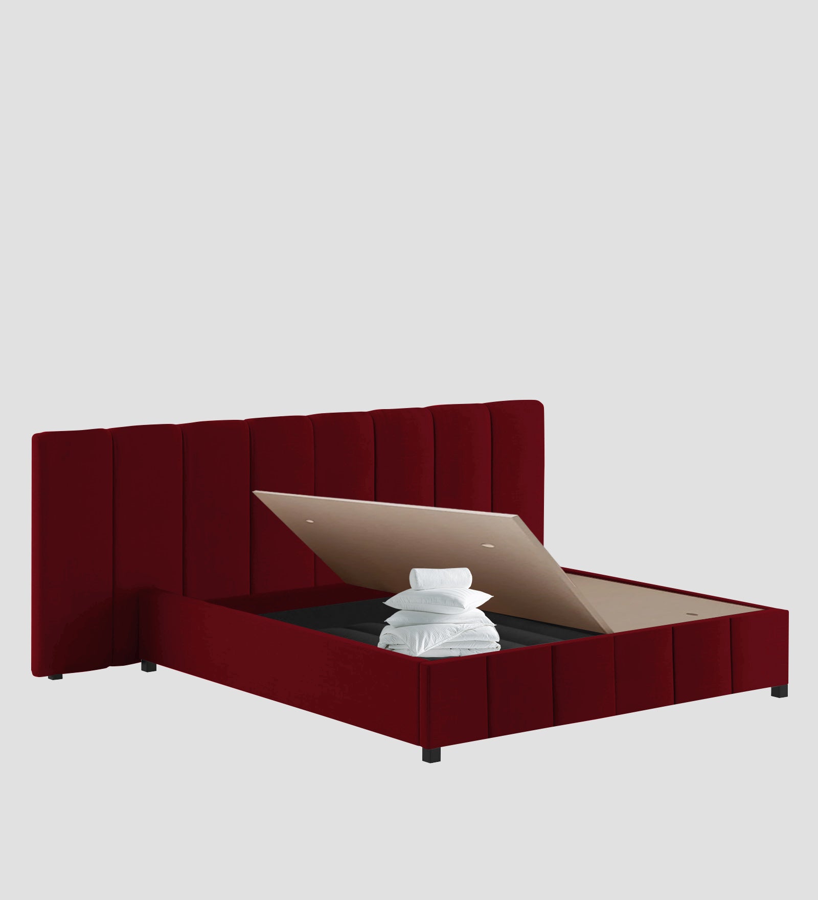 Nora Fabric Queen Size Bed In Ruby Red Colour With Box Storage