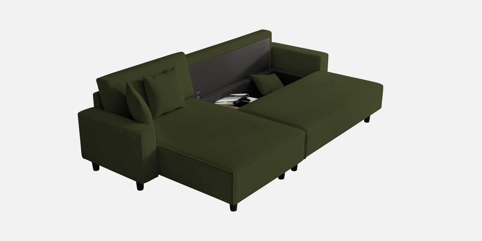 Peach Fabric RHS 6 Seater Sofa Cum Bed With Storage In Olive Green Colour - Febonic Living