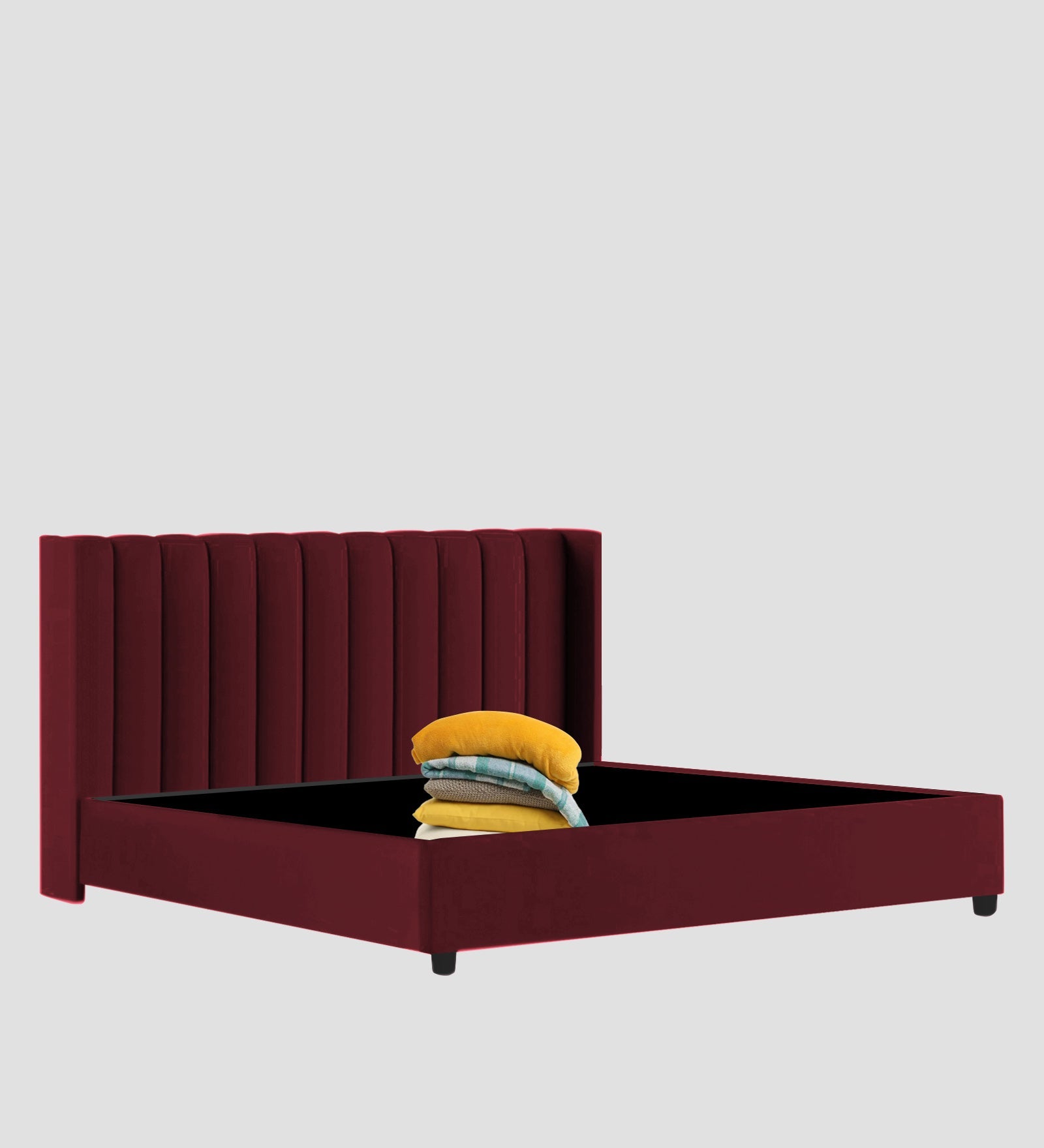 Colina Fabric Queen Size Bed In Blood Maroon Colour With Box Storage - Febonic Living