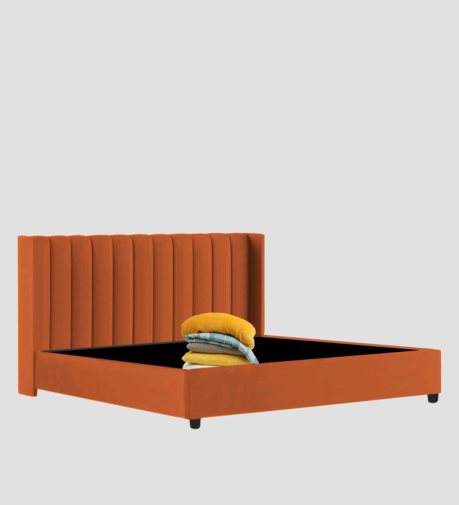Colina Fabric Queen Size Bed In Vivid Orange Colour With Box Storage - Febonic Living