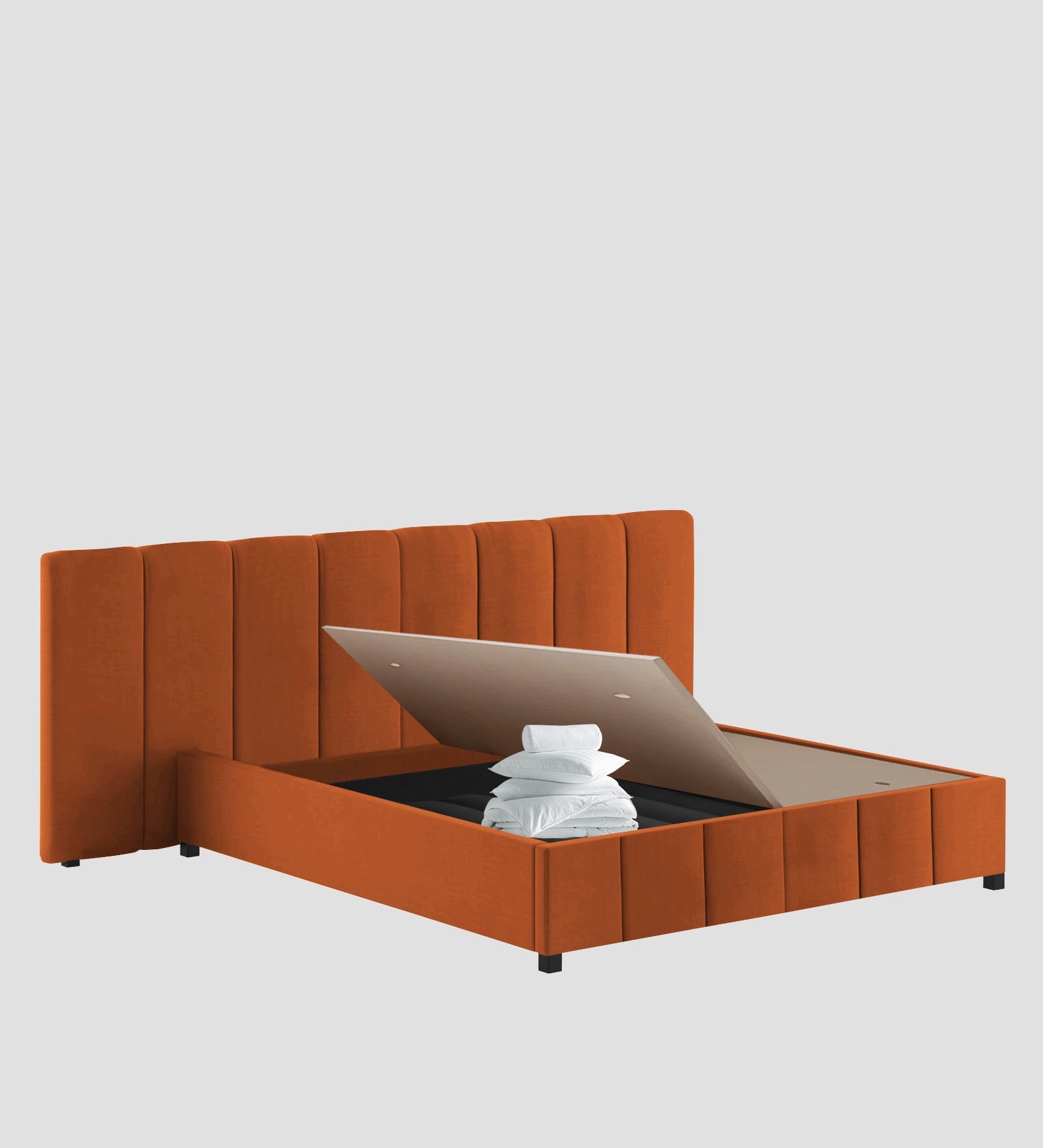 Nora Fabric Queen Size Bed In Vivid Orange Colour With Box Storage - Febonic Living
