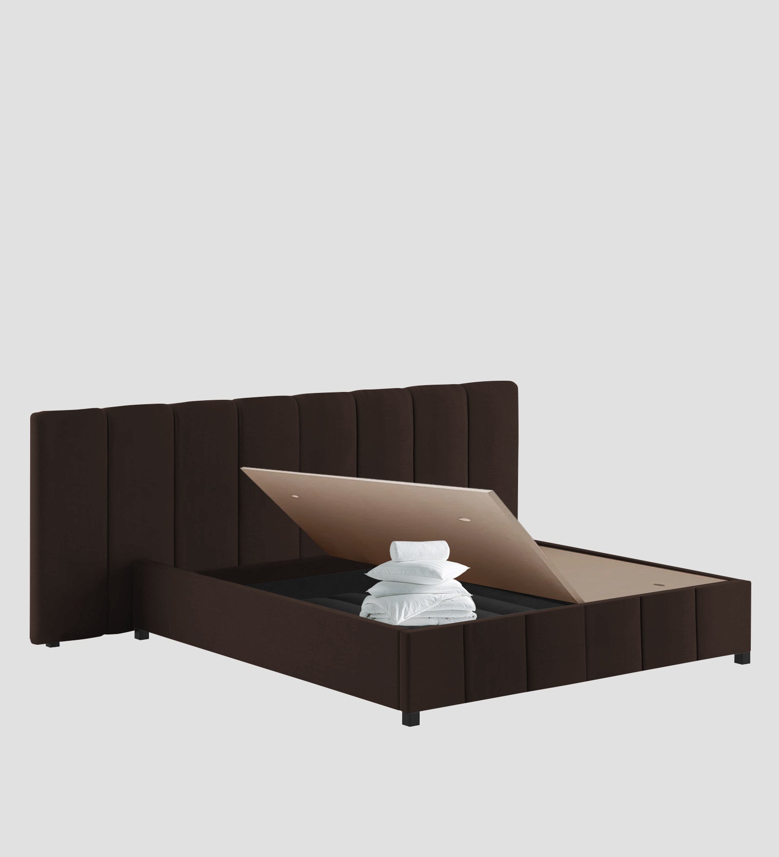 Nora Fabric Queen Size Bed In Coffee Brown Colour With Box Storage