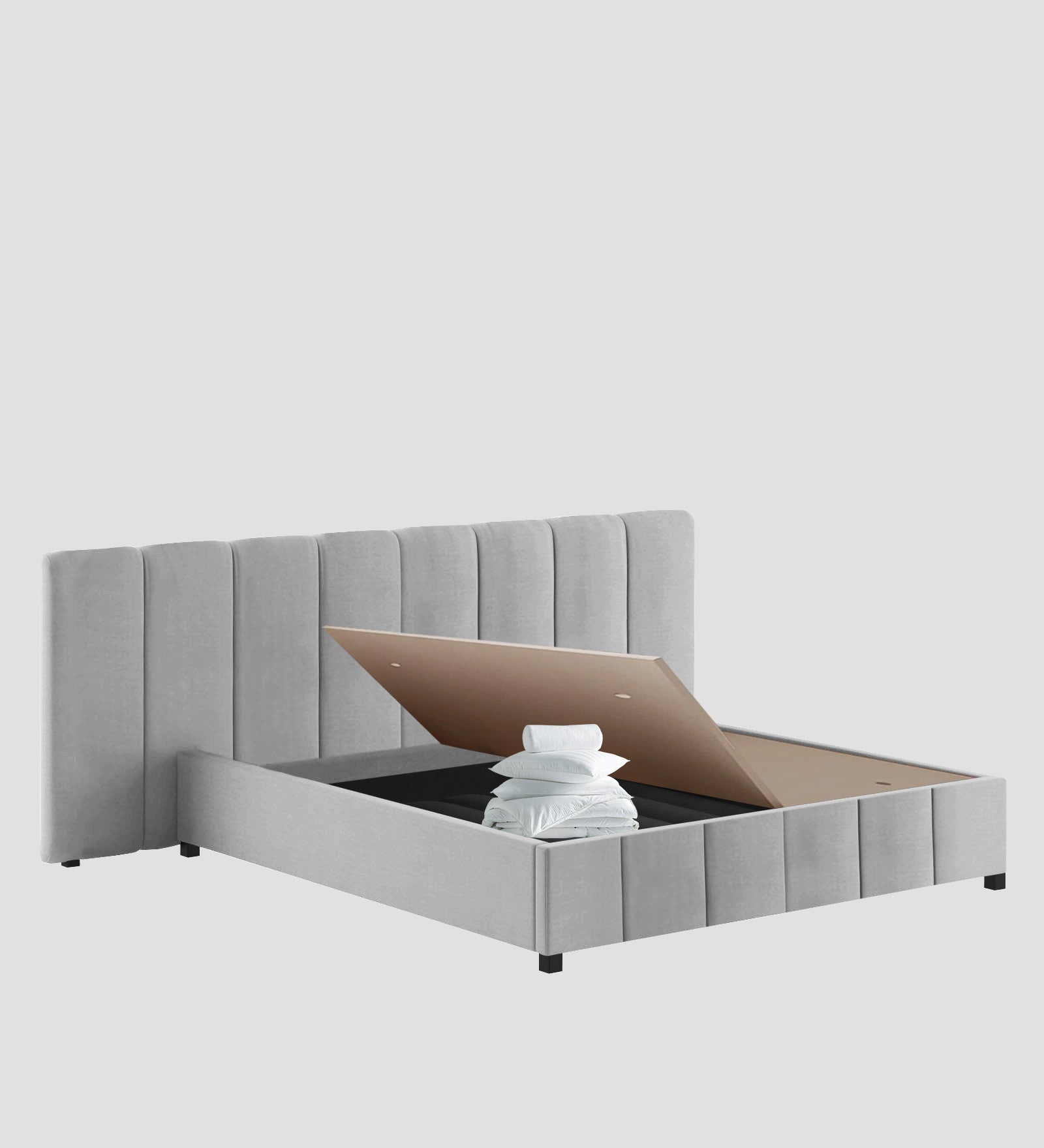 Nora Fabric Queen Size Bed In Lit Grey Colour With Box Storage