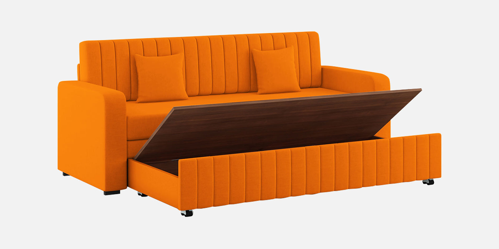Calra Fabric 3 Seater Pull Out Sofa Cum Bed In Vivid Orange Colour With Storage - Febonic Living