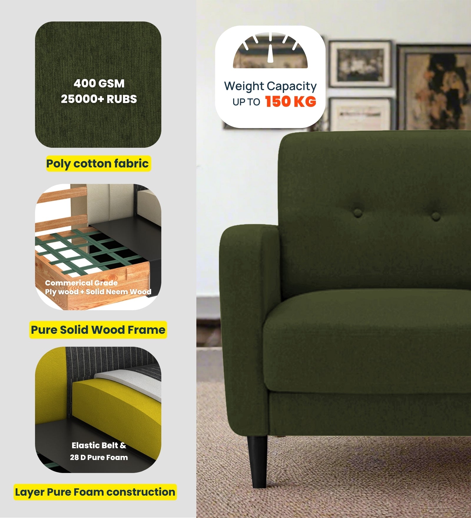 Marq Fabric 1 Seater Sofa in Ash Grey Colour