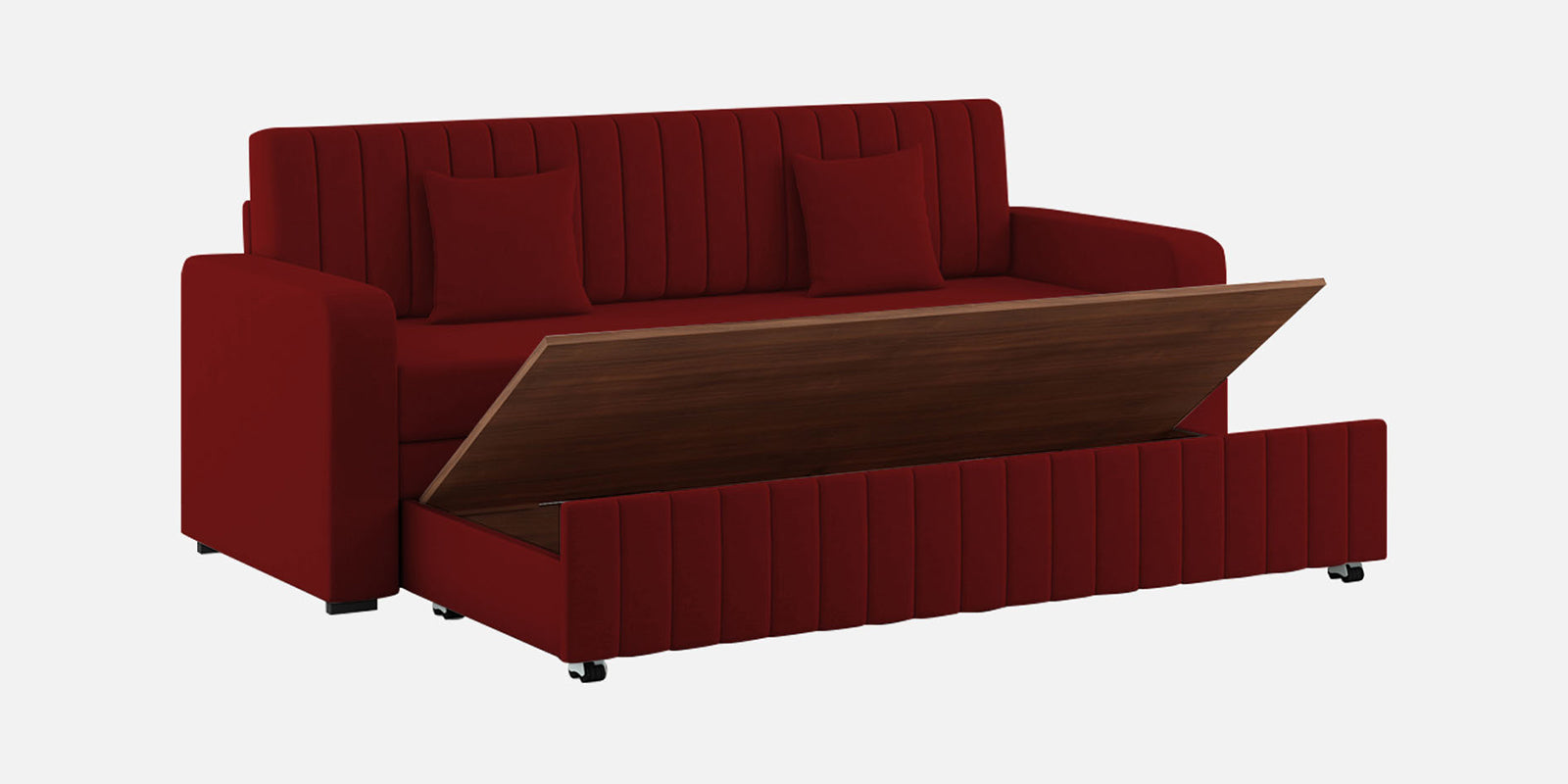 Calra Fabric 3 Seater Pull Out Sofa Cum Bed In Blood Maroon Colour With Storage - Febonic Living