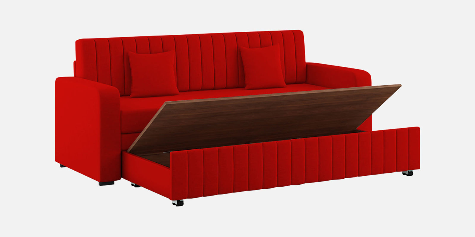 Calra Fabric 3 Seater Pull Out Sofa Cum Bed In Ruby Red Colour With Storage - Febonic Living