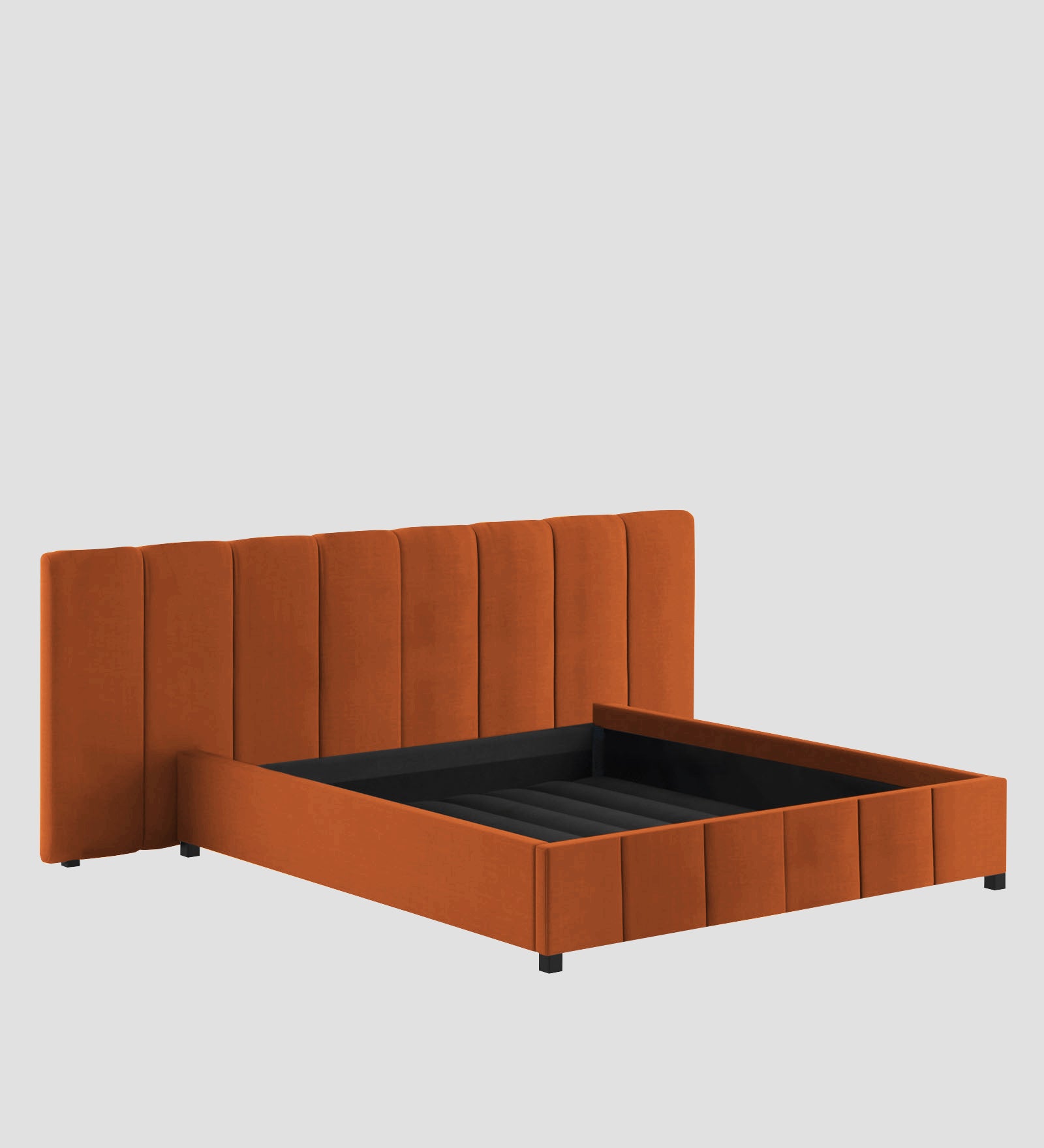 Nora Fabric Queen Size Bed In Vivid Orange Colour With Box Storage - Febonic Living