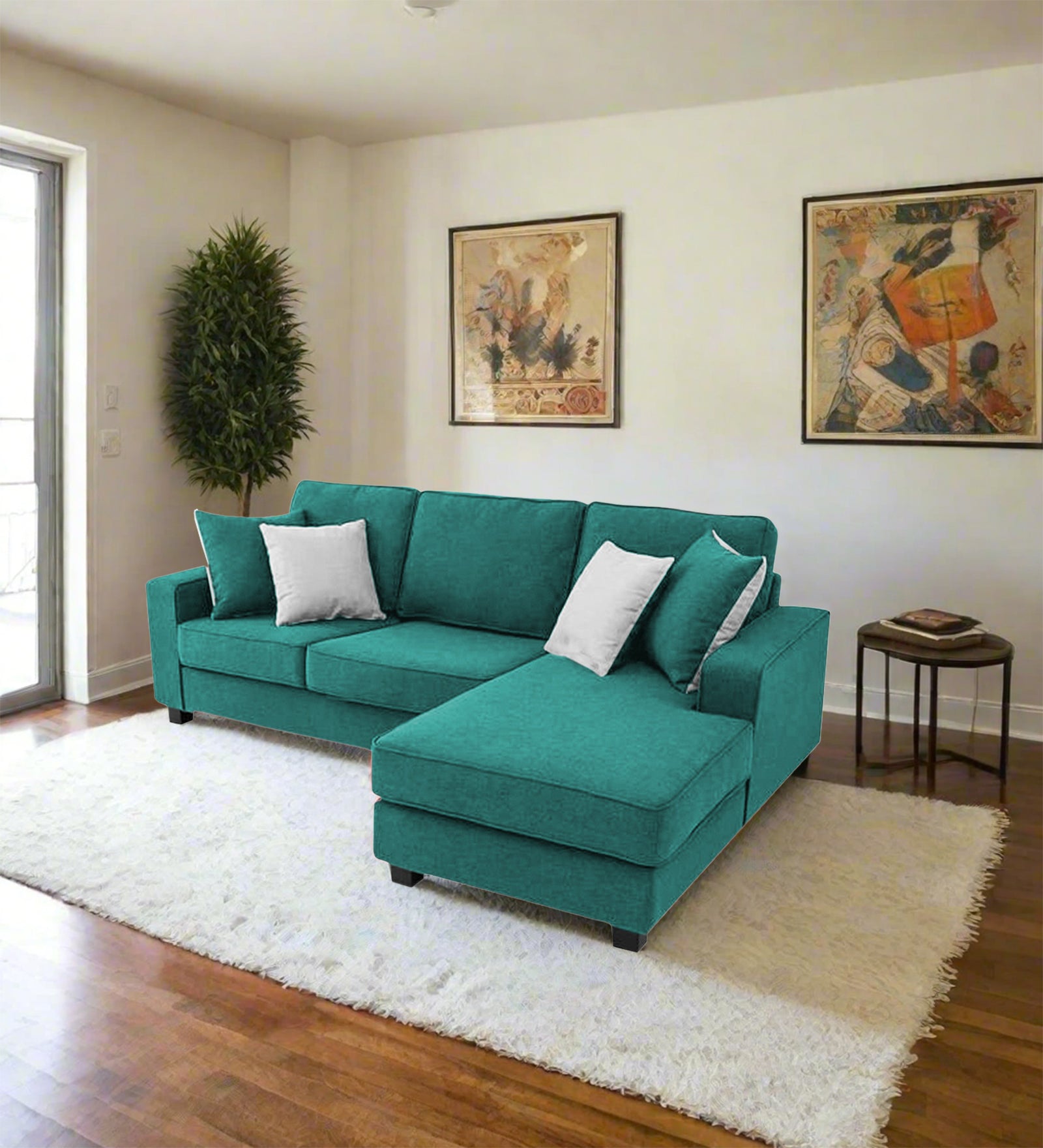 Ladybug Fabric LHS Sectional Sofa (2+Lounger) In Sea Green Colour - Febonic Living