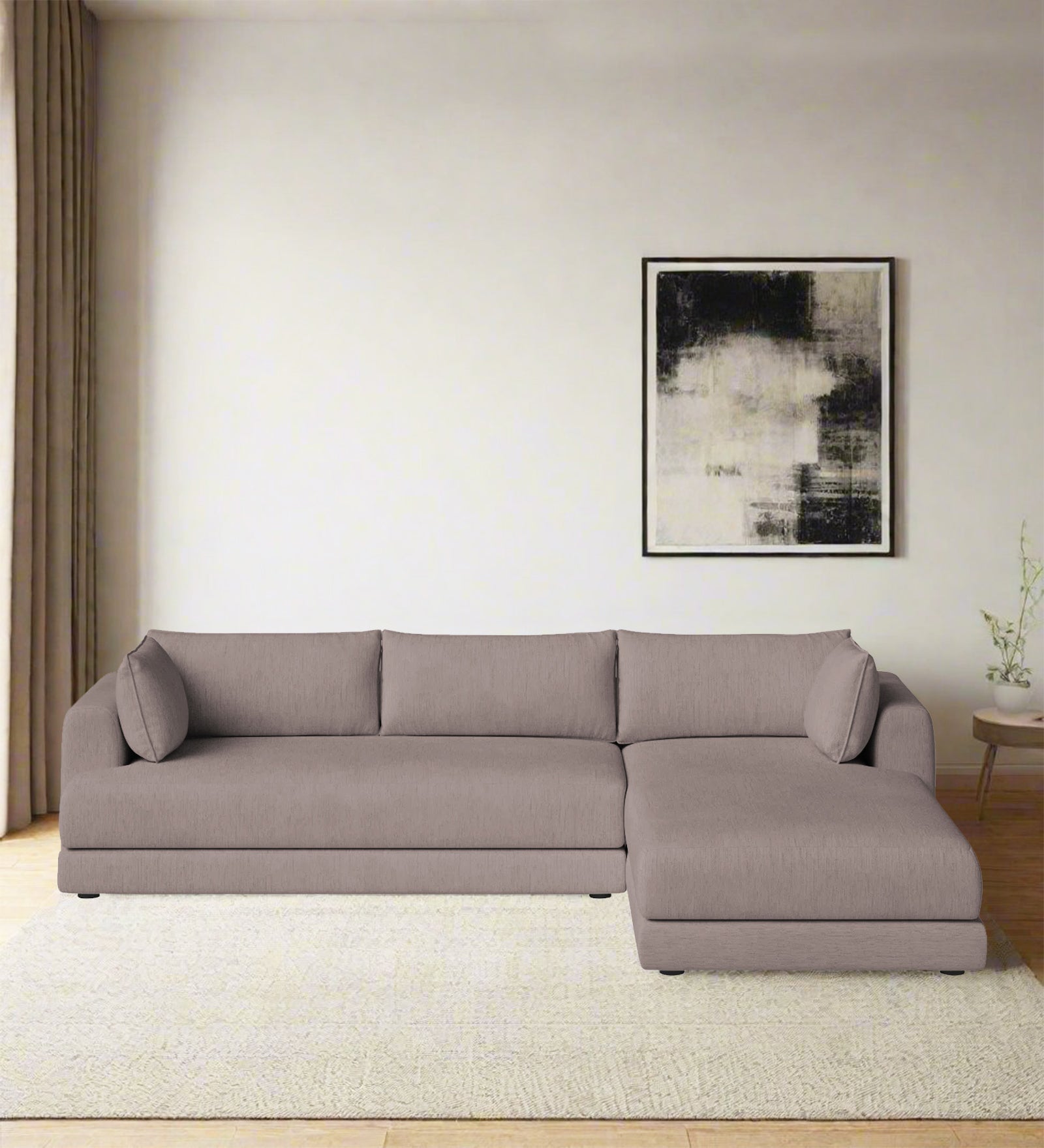 Ziggy Fabric LHS Sectional Sofa (3+Lounger) In Almond Beige Colour - Febonic Living
