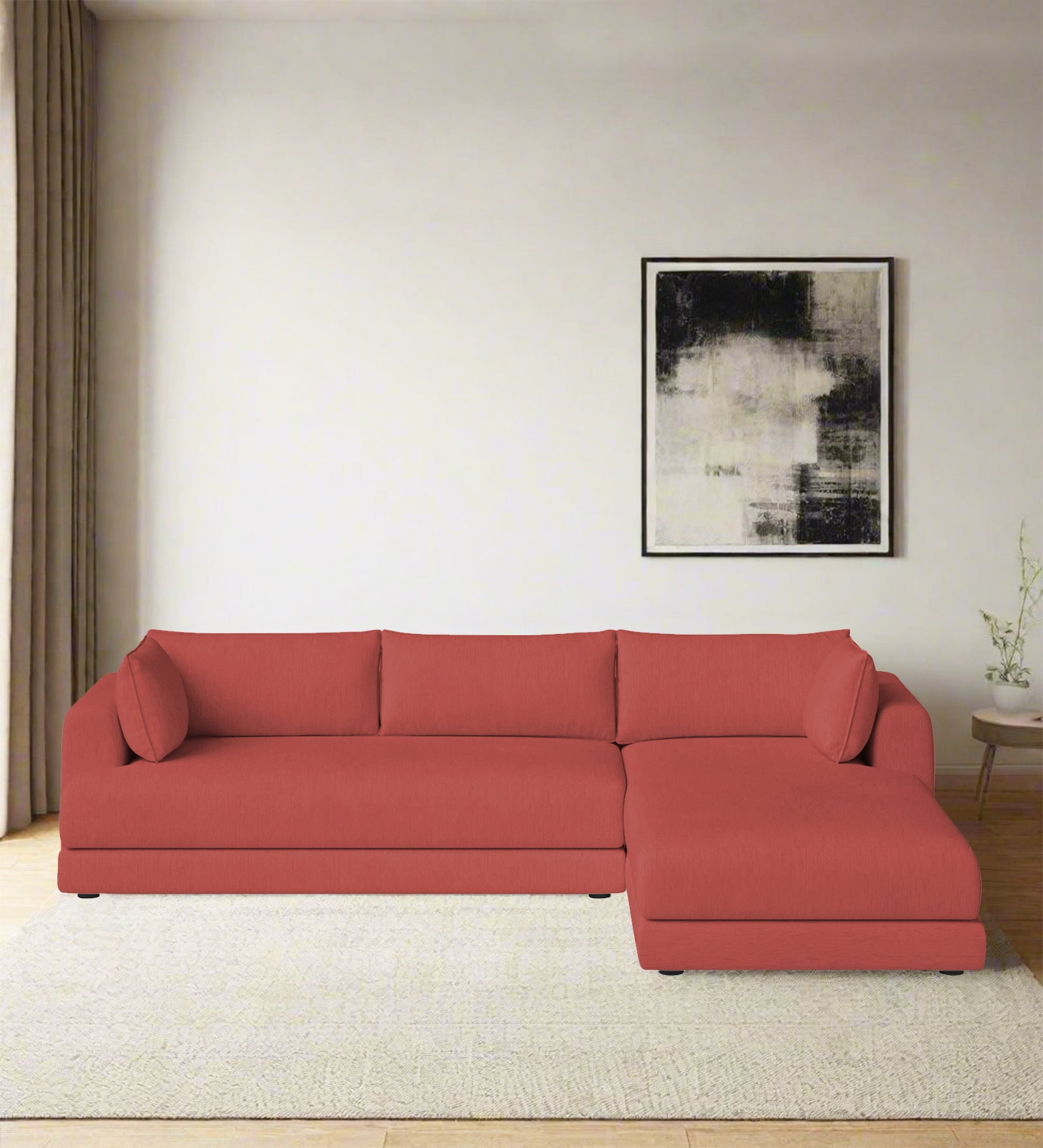 Ziggy Fabric LHS Sectional Sofa (3+Lounger) In Salmon Pink Colour - Febonic Living