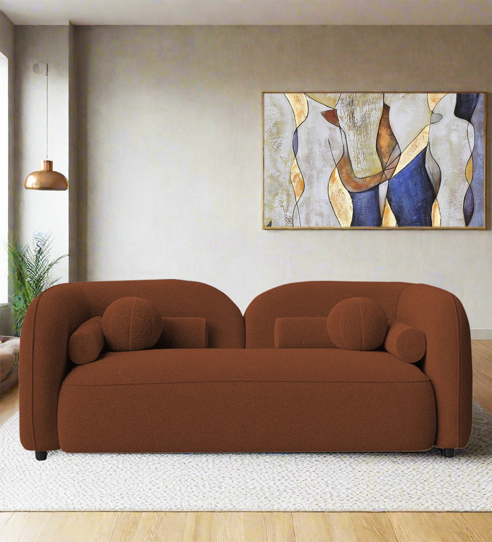 Corny Boucle Fabric 2 Seater Sofa In Rust Orange Colour - Febonic Living