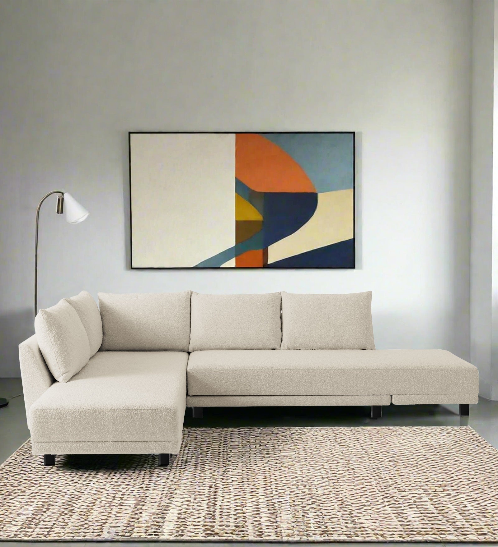 Ira Boucle Fabric RHS 6 Seater Convertible Sofa Cum Bed In Shell White Colour - Febonic Living