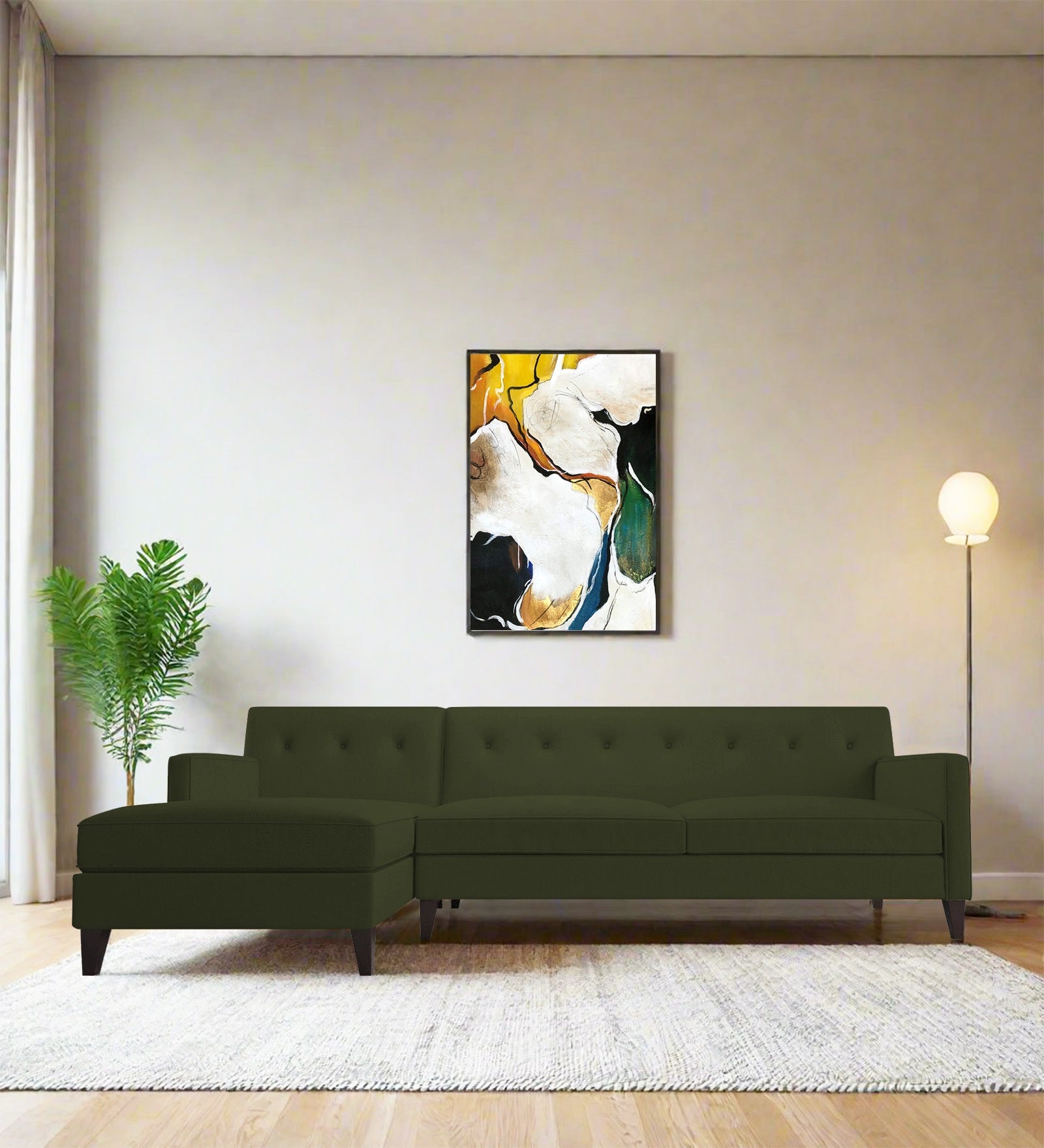 Miller Fabric RHS Sectional Sofa (3+Lounger) In Olive Green Colour - Febonic Living