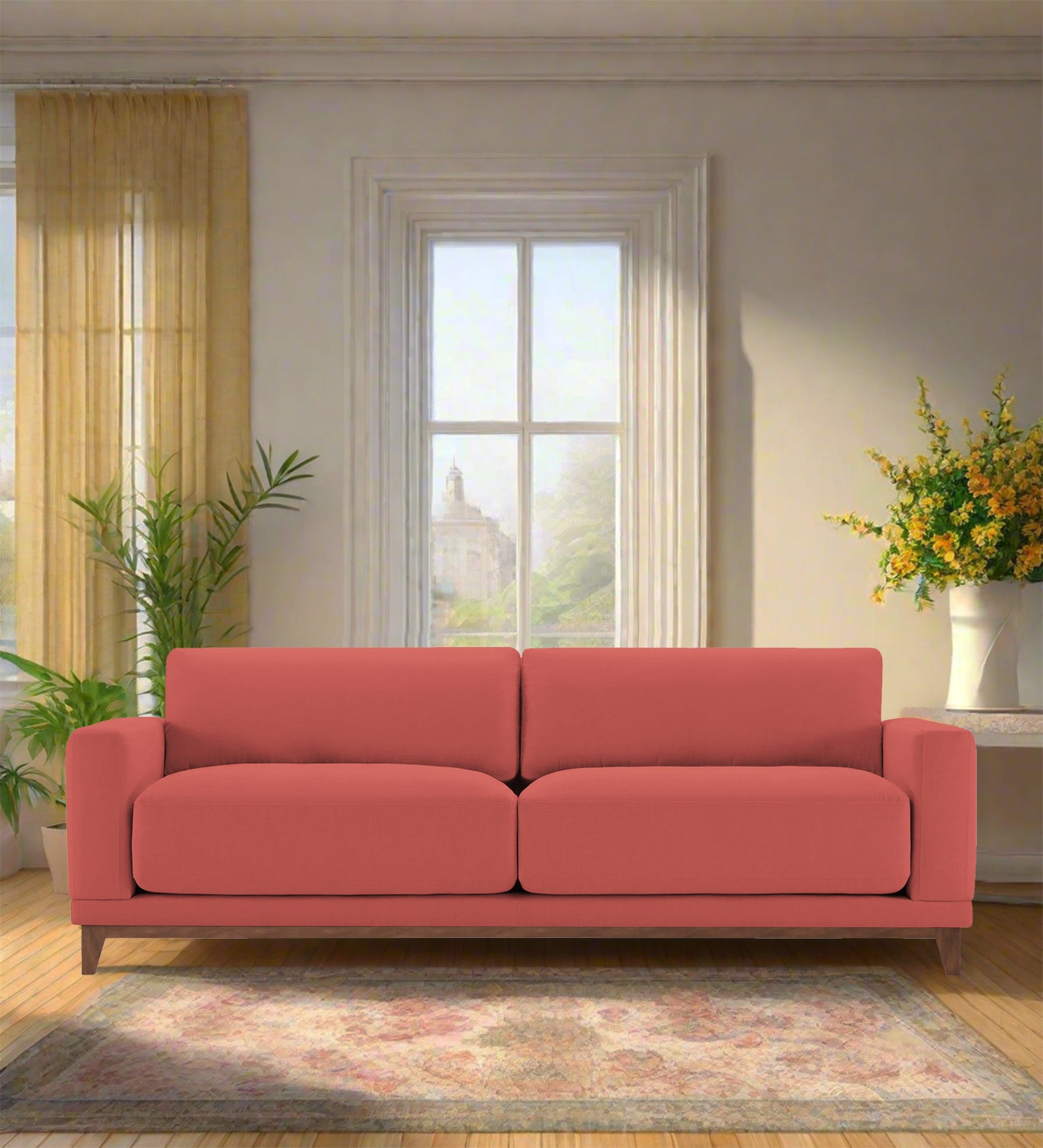 Esha Fabric 3 Seater Sofa In Salmon Pink Colour - Febonic Living