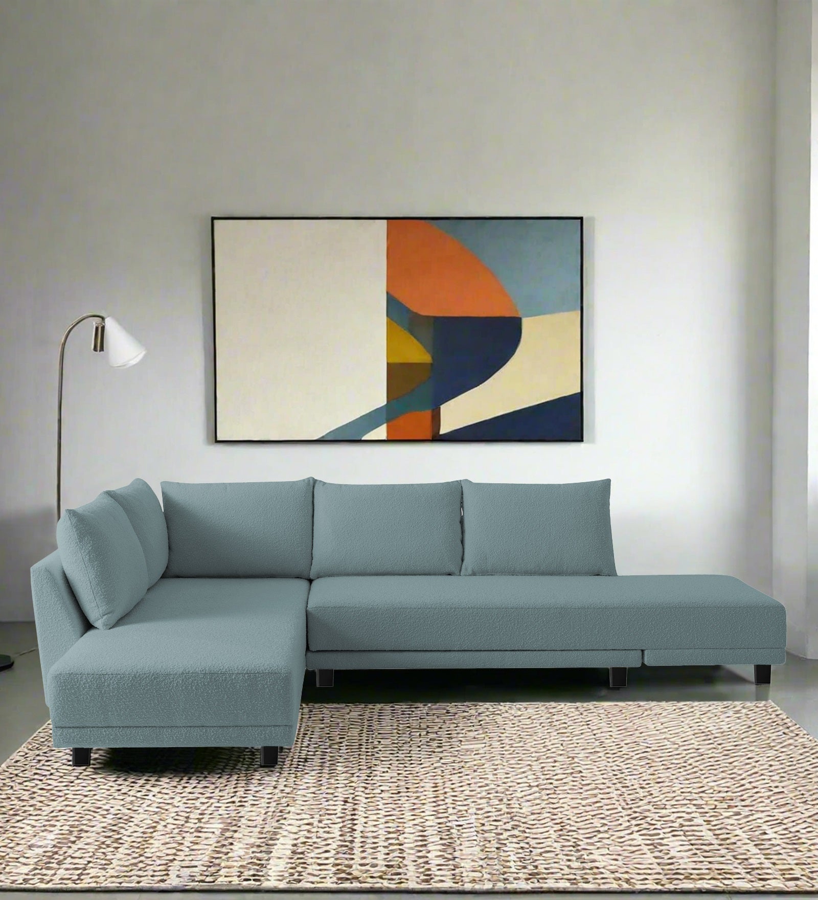 Ira Boucle Fabric RHS 6 Seater Convertible Sofa Cum Bed In Stormy Blue Colour - Febonic Living