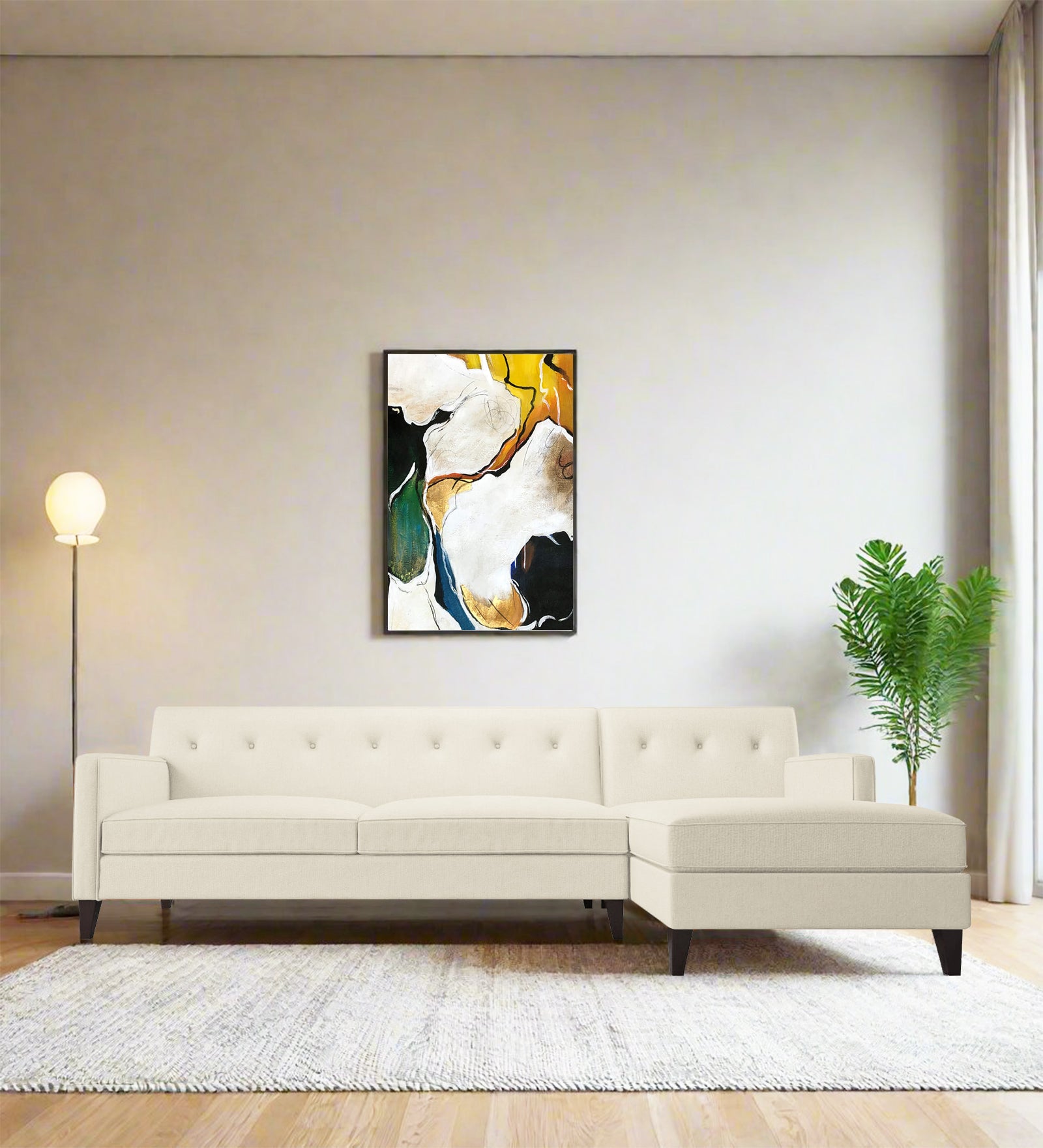 Miller Fabric LHS Sectional Sofa (3+Lounger) In Ivory Cream Colour - Febonic Living