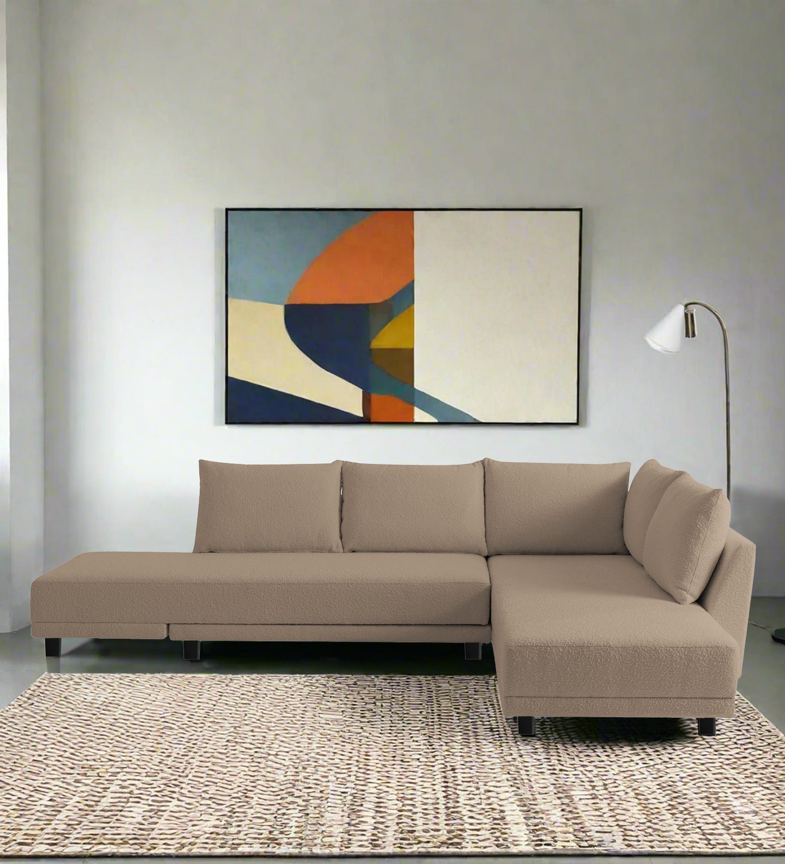 Ira Boucle Fabric LHS 6 Seater Convertible Sofa Cum Bed In Mushroom Beige Colour - Febonic Living