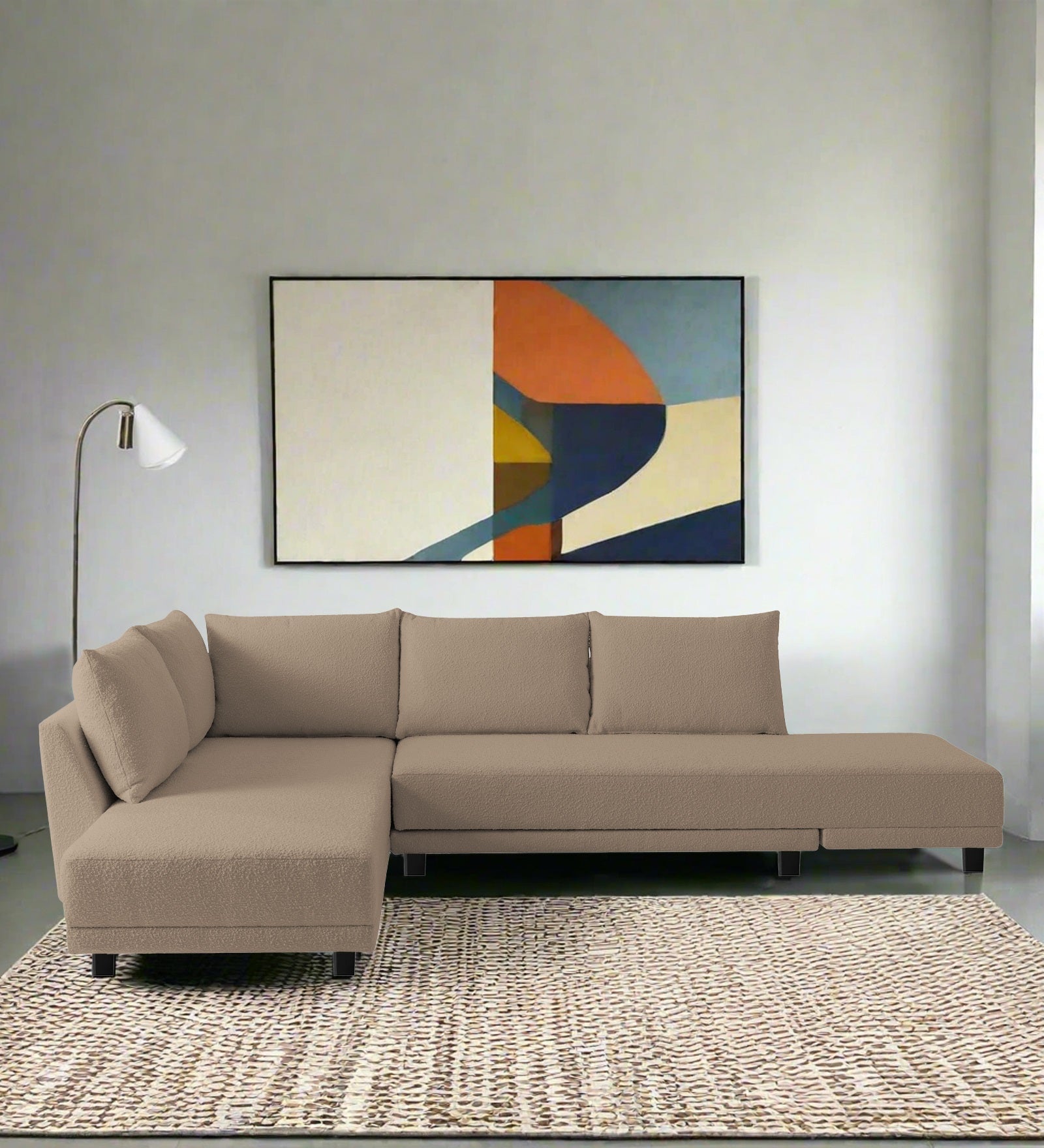 Ira Boucle Fabric RHS 6 Seater Convertible Sofa Cum Bed In Mushroom Beige Colour - Febonic Living