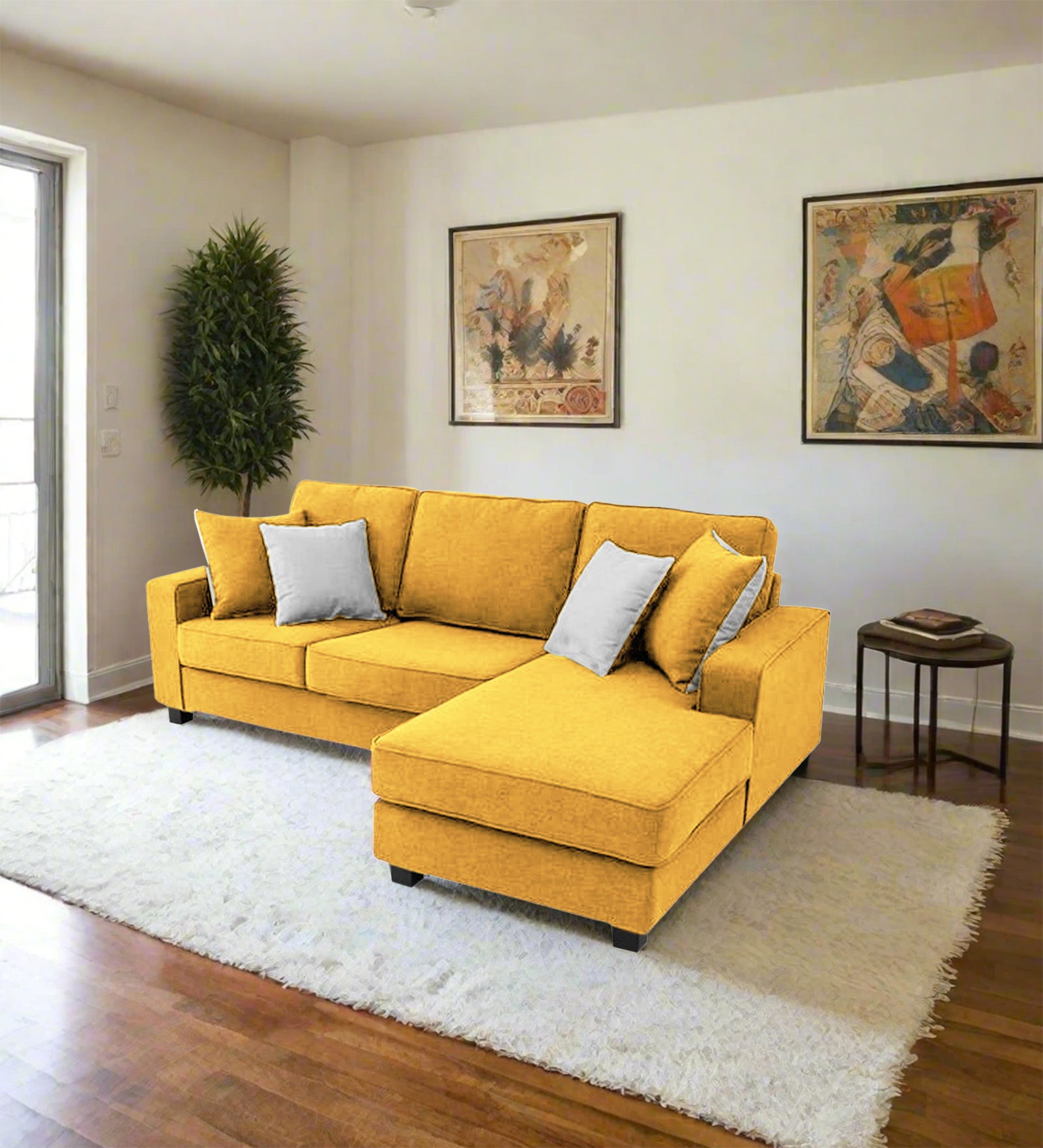 Ladybug Fabric LHS Sectional Sofa (2+Lounger) In Bold Yellow Colour - Febonic Living